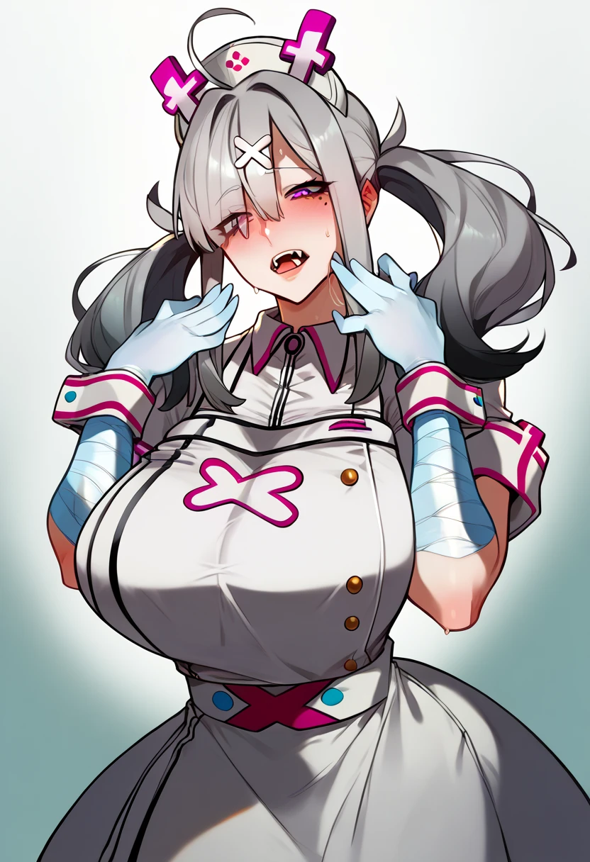 Hyper realistic, aakana, long hair, twintails, ahoge, hat, nurse cap, x hair ornament, mole under eye, eyes visible through hair, blush, fangs, huge breasts, nurse, white dress, short sleeves, bandaged arm, wrist cuffs, white gloves, white apron, mature female, perfect face, perfect lighting, Gray Hair、Long Hair、sexy lips, sexy female,, thicc، cleavage, huge  breasts, sweat,Stand upright、