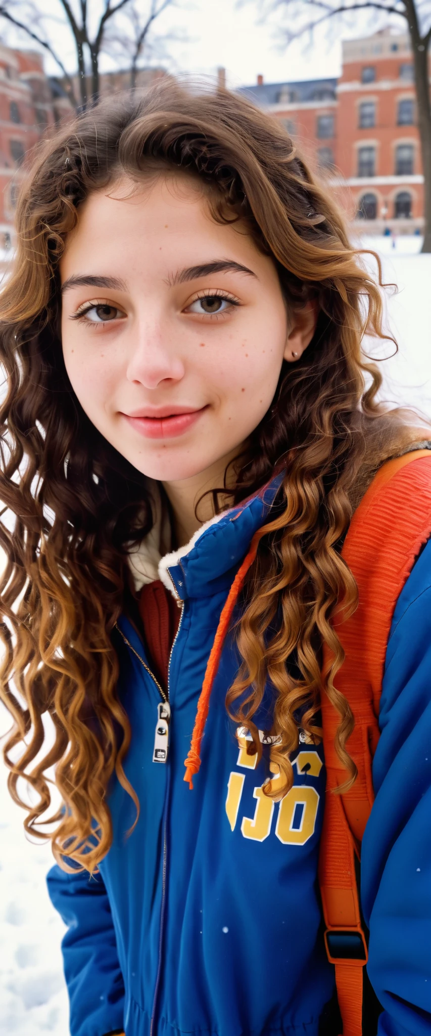 (indistinguishable from reality:1.4), 1girl, selfie, An half portrait of a beautiful 25 y.o New York Italian college student, (detailed facial features), (freckles:0.2), (acne:0.1), long thick luxurious curly hair, beautiful Jewish nose, shy smile, walking on University campus, winter, snowfall, ultra detailed texture winter coat, bright primary colors, Nikon FM2, 35mm SLR