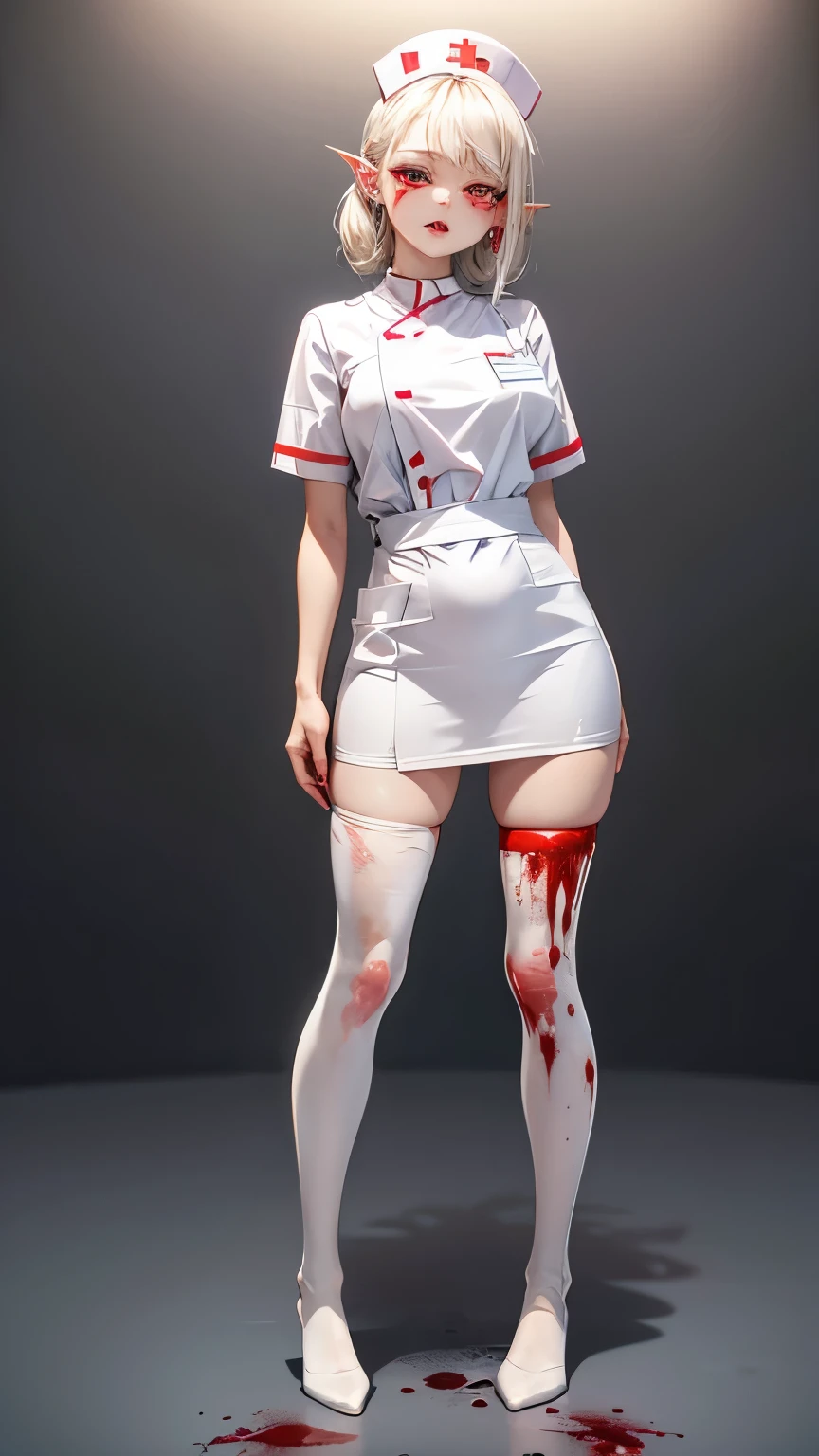  1 girl,  high definition , masterpiece,  anatomically correct,  Receives Many Awards ,  top quality,  very detailed ,  pure white hair,Transparent Hair,chest,  Hide Ears ,((( pale skin))),Glowing red eyes, (( white nurse cap)), (( pure white nurse clothes )), 8k octane , Artistic,  super detailed, night,Normal ear,((White tights)),(((Blood stains on the body)))Empty look,  crazy, 