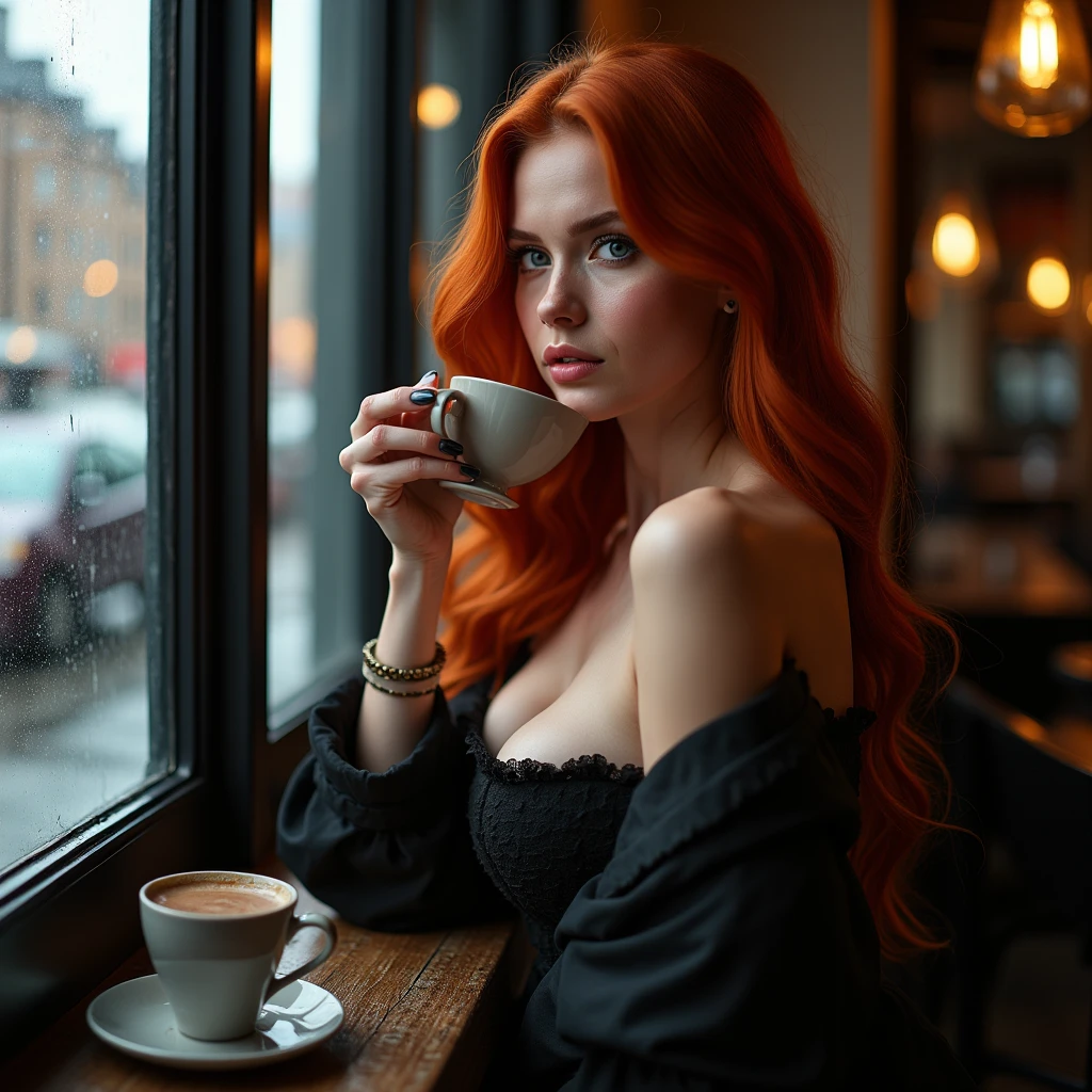 photo a beautiful orange-haired woman sitting at a table drinking coffee and talking to her transparent imaginary blonde friend whose body slowly transforms into smoke and disappears into it. Realistic scene