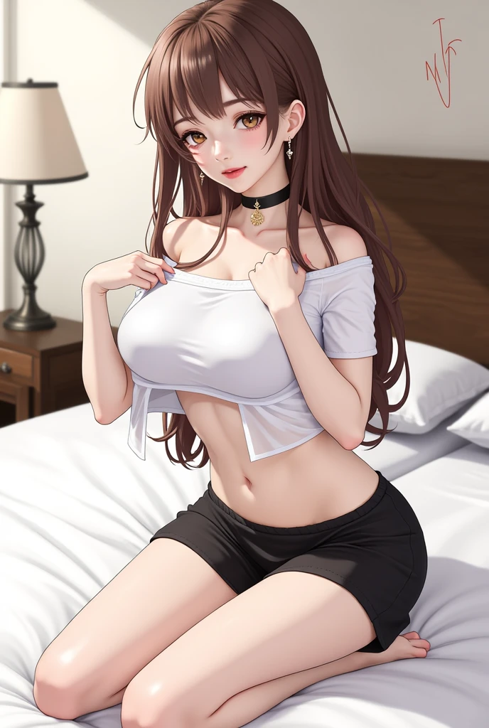 1girl, breasts, solo, long hair, earrings, jewelry, brown hair, choker, brown eyes, clothes lift, large breasts, looking at viewer, shirt lift, red lips, skirt, sitting, indoors, kneeling, full body, lips, on bed, bed, underboob, bare shoulders, underwear, black skirt, pillow, artist name, lifted by self, nipples, closed mouth