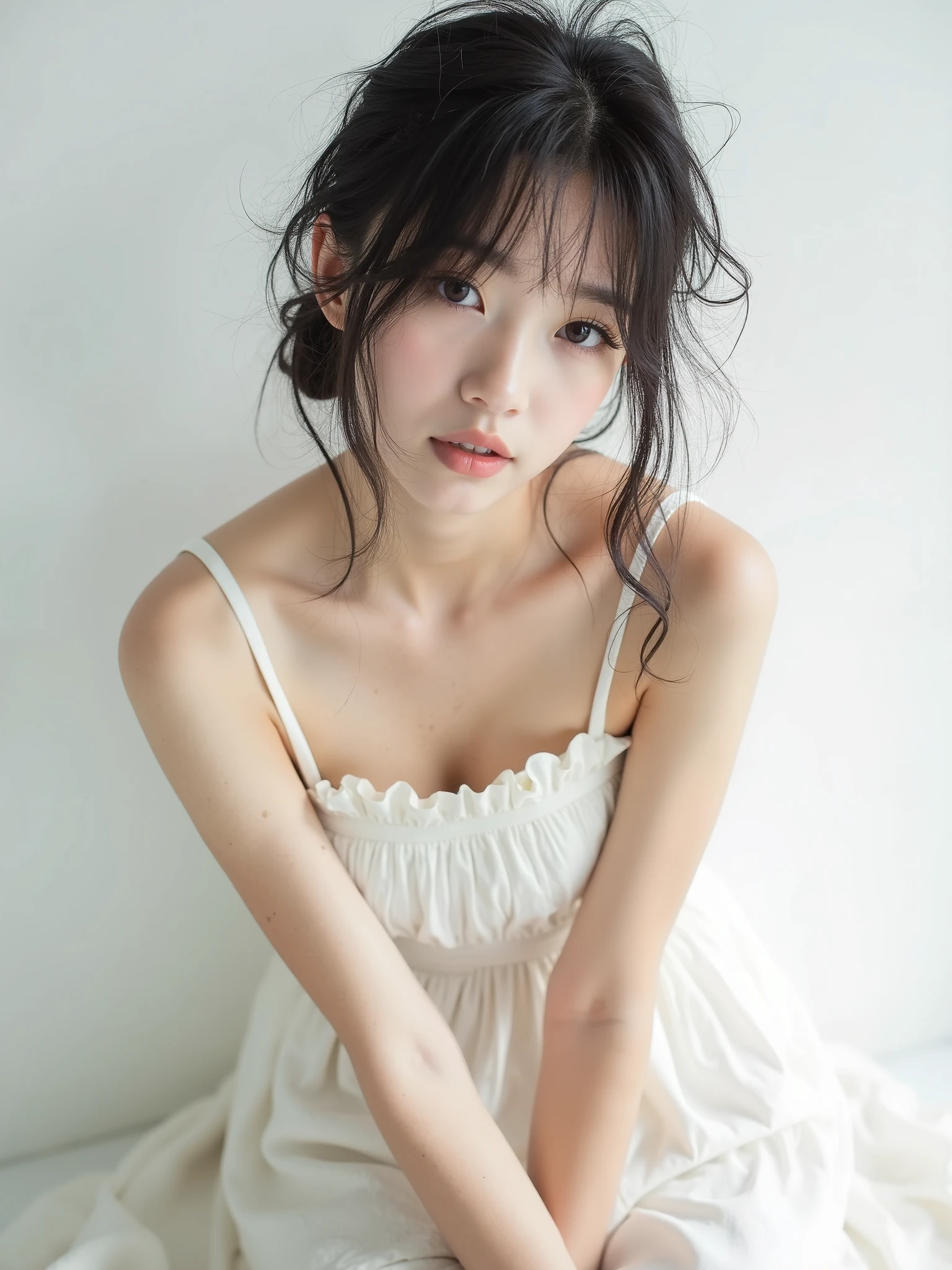 real photograph, (masterpiece), (Best Quality), (Super detailed), (messy hair ), ( A Japanese girl ), (White frill camisole dress), View from above, sitting, big breast, fashion model , (simple White background), more beautiful and delicate eyes than keeltheequine , real, Beautiful face, White Design hair, Hair Fluttering , Best Shadow ,