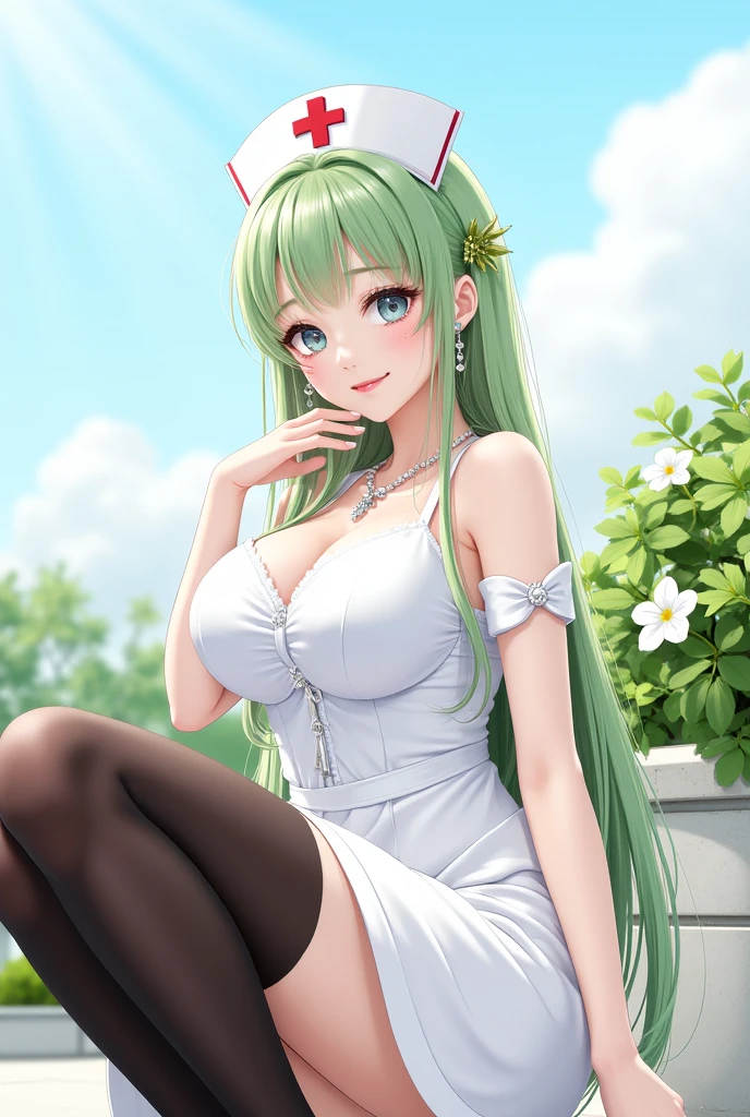 1girl, breasts, solo, jewelry, cleavage, green hair, large breasts, necklace, thighhighs, hat, earrings, squatting, nurse cap, flower, looking at viewer, long hair, black thighhighs, white dress, plant, dress, red lips, white headwear, potted plant, day, bare shoulders, bangs, detached sleeves, sky, underwear, full body, cross, white flower, makeup, nurse, lips, outdoors, flower pot, hair ornament