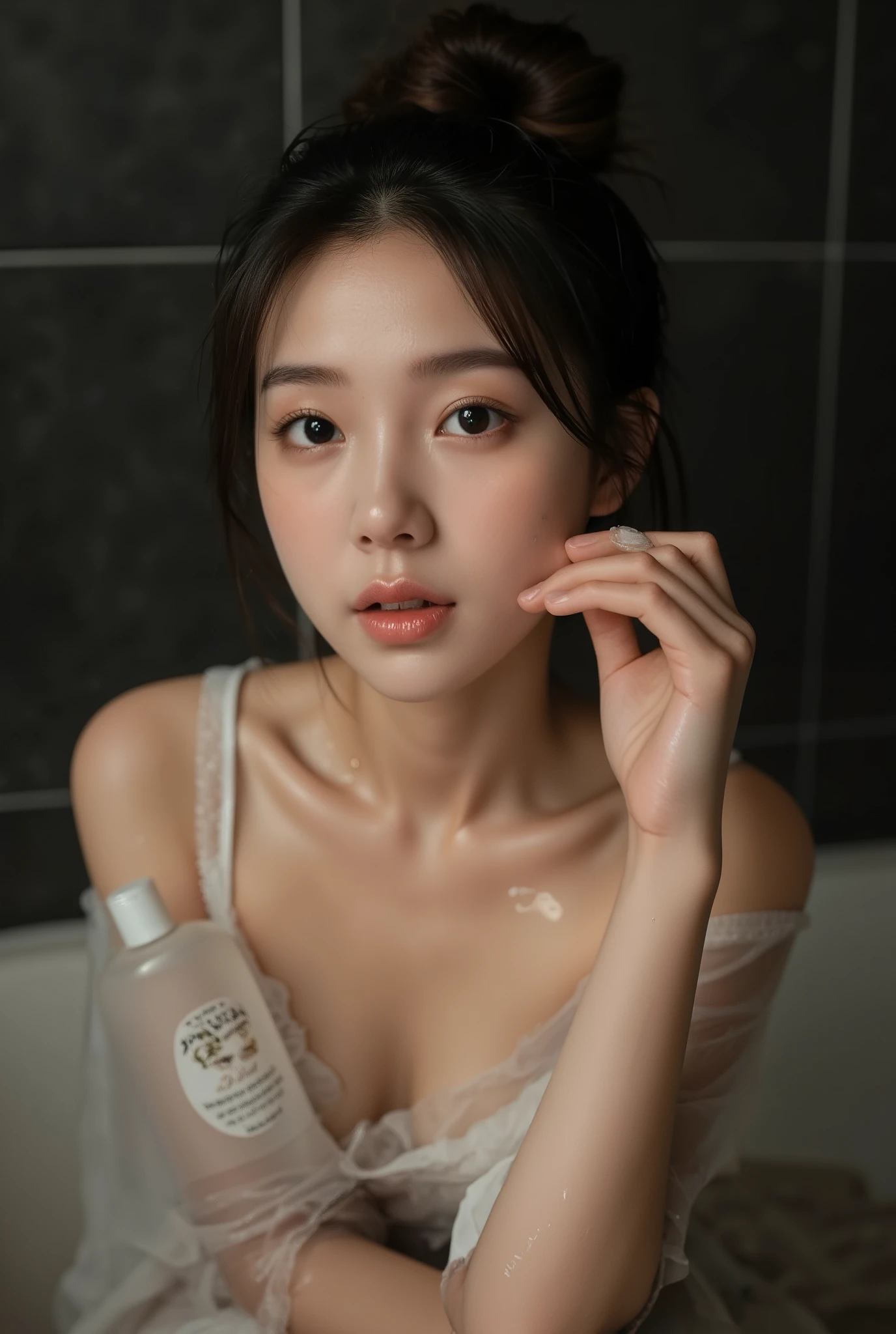 Low angle shot of beautiful so sexy Japanese woman, sitting against pose in dark bathroom, low light, only a very low dim light shone on her, water from the shower was spraying on his body. In good shape, not too thin, white skin, wave bun hair, very wet, body drenched, very sexy woman, very small round breasts, like a ’s, smile, no cloth, no underwear, she bares skin, clearly revealing a beautiful, cover her chest with a her hand, hold one bottle of shampoo, present shampoo as professional and elegant manner, Gigapixel image, perfect beautiful very small round breasts like a ’s, with a beautiful neck, the overall mood of the image is sensual and gorgeous. Busty, curvy, wet skin. Windy, intricate detail, 8k resolution, dramatic, romantic scene, low light, low contrast, heavy shadow, highly detailed, intricate, innocent, illuminated, alive, sharp focus, magnificent, fine detail, clear, aesthetic, stunning, professional and elegant manner. natural makeup that enhances her features, with a focus on clear skin and a subtle glow. focus on clear skin and a subtle glow. minimalist look, ensuring all attention is drawn to the woman and the product.