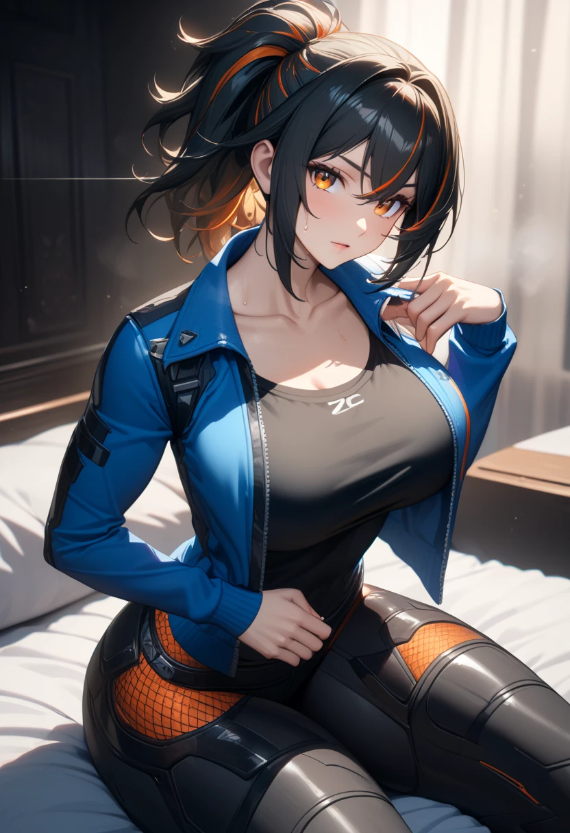 masterpiece,best quality,high resolution,8k,ultra HD,wallpaper,illustration,perfect face,cowboy shot,beautiful detailed eyes,extremely detailed face,perfect lighting,extremely detailed CG,perfect anatomy,perfect body,perfect hands,perfect fingers,1woman,full body,,muscle fighter body,(black long ponytail hair with orange mesh lines hair:1.2),orange eyes,large breasts,Medium ass,, (blue open jacket),black short hot pants,,clothed,,collarbone,,looking at viewer,(),Steam,sweat, on the bed,(Zenless Zone Zero character Zhu Yuan),adult,