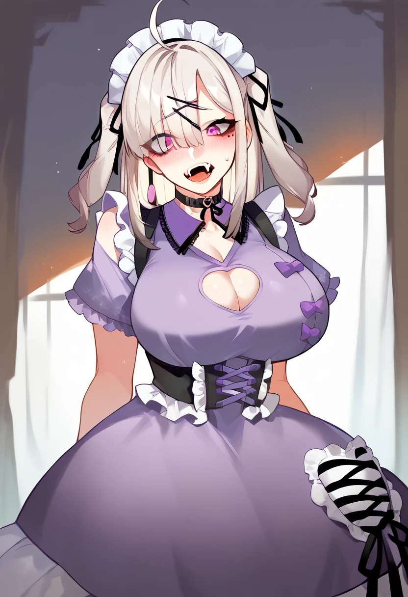 Hyper realistic, cckana, long hair, two side up, ahoge, hair ribbon, maid headdress, hairclip, mole under eye, blush, fangs, large breasts, choker, frills, cleavage, purple dress, cleavage cutout, corset, short sleeves, striped, single thighhigh, sexy female,, thicc، cleavage, huge  breasts, sweat,Stand upright、