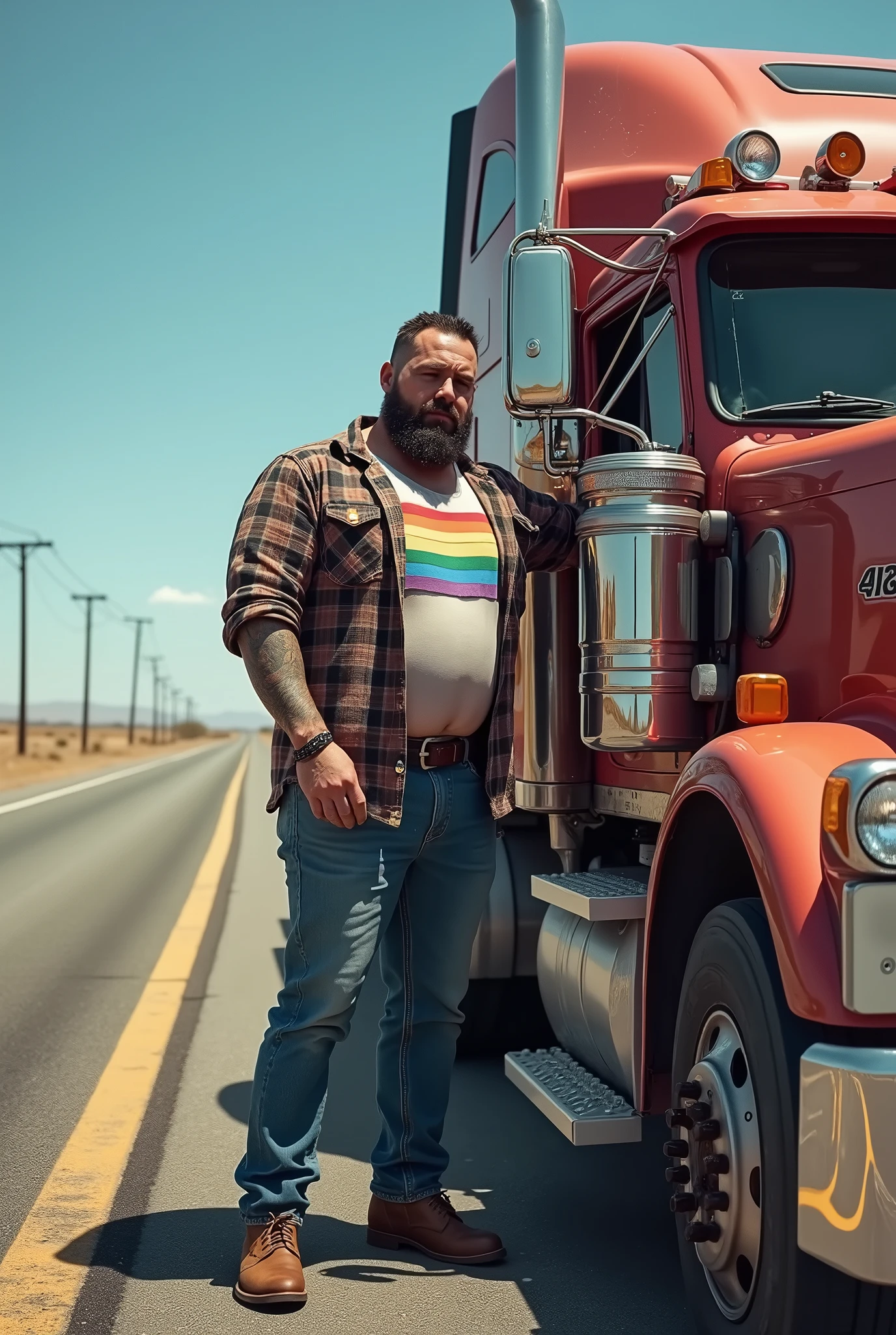 60-year-old truck drivers kissing, boca na boca, olhos fechados apaixonados, corpos gordos, full-bodied truck driver on the left, wearing a messy mustache and wavy hair, White stubble and truck driver, jeans, No meio, vestindo uma camisa xadrez vermelha aberta, corpo grande, forte, barriga robusta vestindo shorts verdes, cabelo cortado nas laterais e cravado por cima, Truck driver on the right has a fat body and a very hairy chest of very large body; Black pants with hairy stomach open at bottom, a huge red and black road truck ((( em um beijo apaixonado))), (((peitoral muito peludo))), tatuados, (((barriga grande))), (rosto detalhado:1.3), (hyper-realistic:1.3), (((fabrica abandonada e suja))), 8k