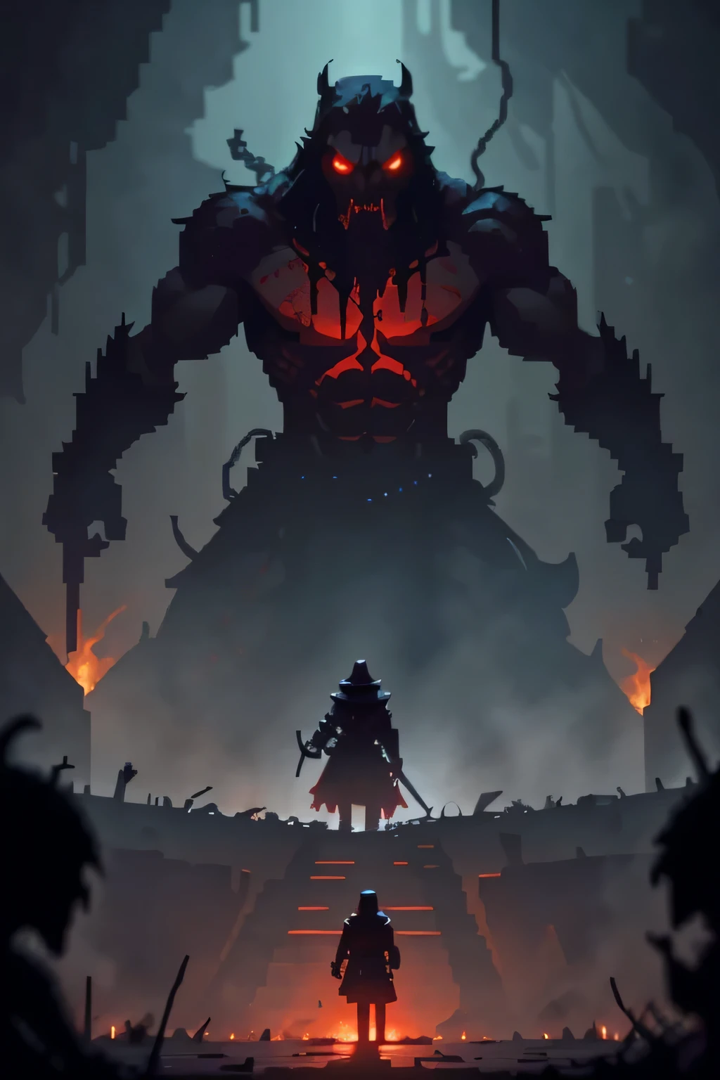 A pixel art top-down view of a dark, oppressive dungeon. A lone warrior stands in the center, wielding a sword and surrounded by shadowy monster silhouettes. Blood splatters are visible on the floor. The scene is lit by flickering torches on the walls, casting an eerie red glow. In the background, a menacing boss figure looms. The color palette is dominated by deep purples, blacks, and crimson reds.