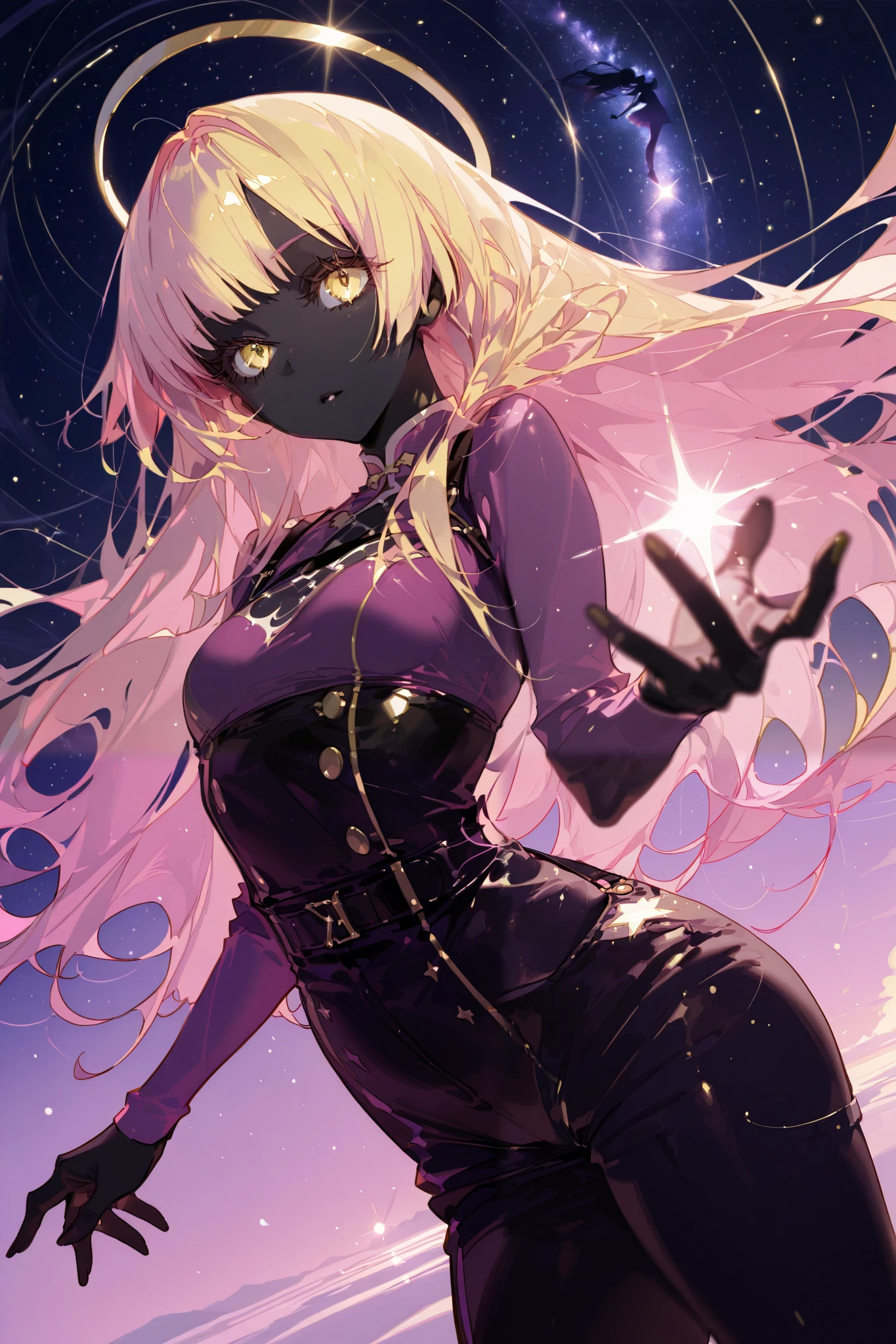 score_9, score_8_up, score_7_up,
ng_deepnegative_v1_75t, negative_hand, OverallDetail, 
ultra-detailed
very awa, masterpiece, highres, absurdres, newest, 
masterpiece, best quality, 1girl, silhouette, solo, small breasts, celestial, black skin with purple, yellow and pink accents, defined eyelashes, yellow and purple and pink color scheme, starry skin, dynamic angle, detailed background detailed background, blurry foreground, floating particles, dim lighting,correct anatomy, perfect, perfect anatomy,