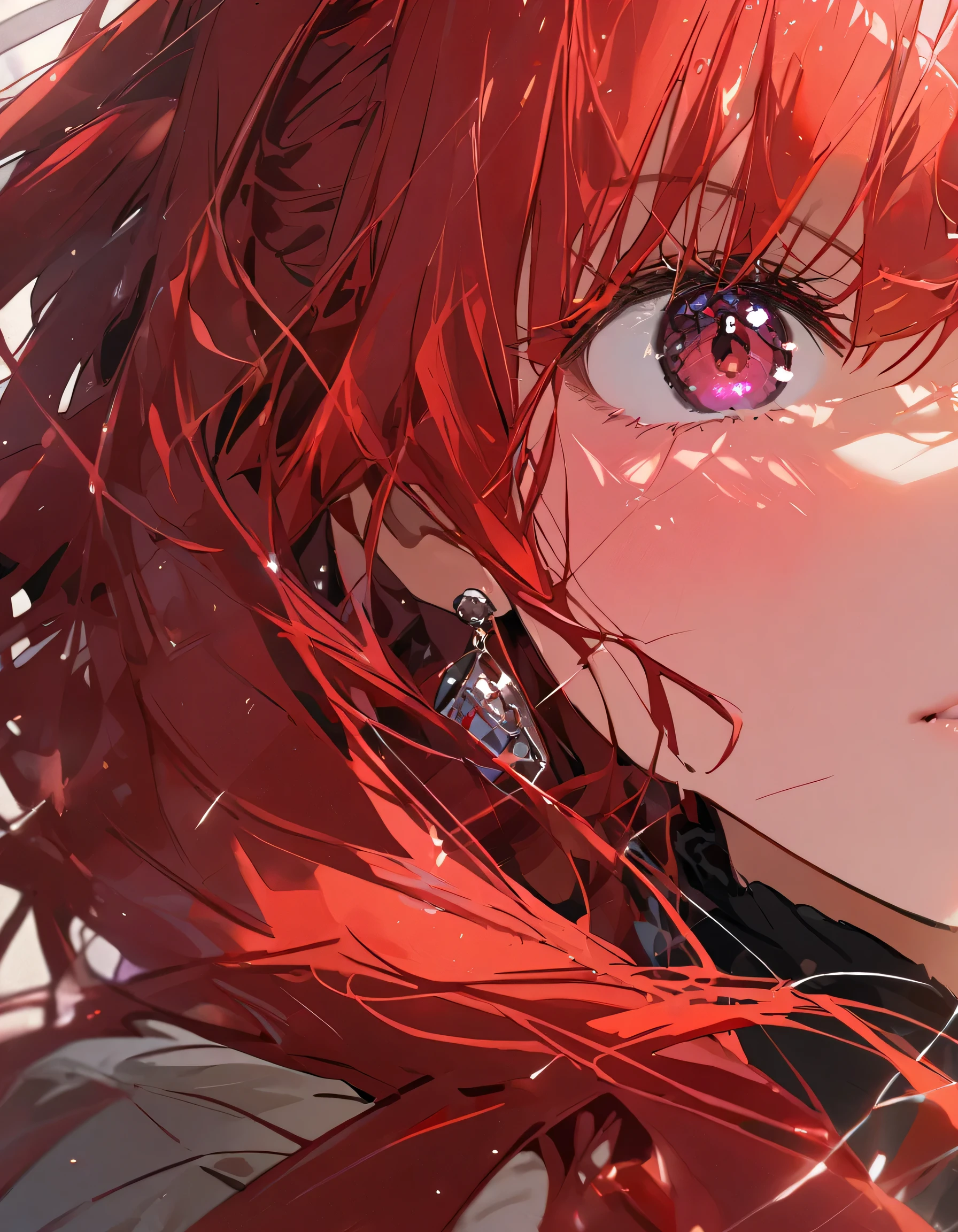 girl、 redhead、 long hair, face close-up , ponytail, Women's earrings on one side , upper body