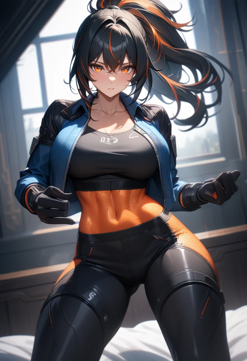 masterpiece,best quality,high resolution,8k,ultra HD,wallpaper,illustration,perfect face,cowboy shot,beautiful detailed eyes,extremely detailed face,perfect lighting,extremely detailed CG,perfect anatomy,perfect body,perfect hands,perfect fingers,1woman,full body,,muscle fighter body,(black long ponytail hair with orange mesh lines hair:1.2),orange eyes,large breasts,Medium ass,, (blue open jacket),black short hot pants,,clothed,,collarbone,,looking at viewer,(),Steam,sweat, on the bed,(Zenless Zone Zero character Zhu Yuan),adult,