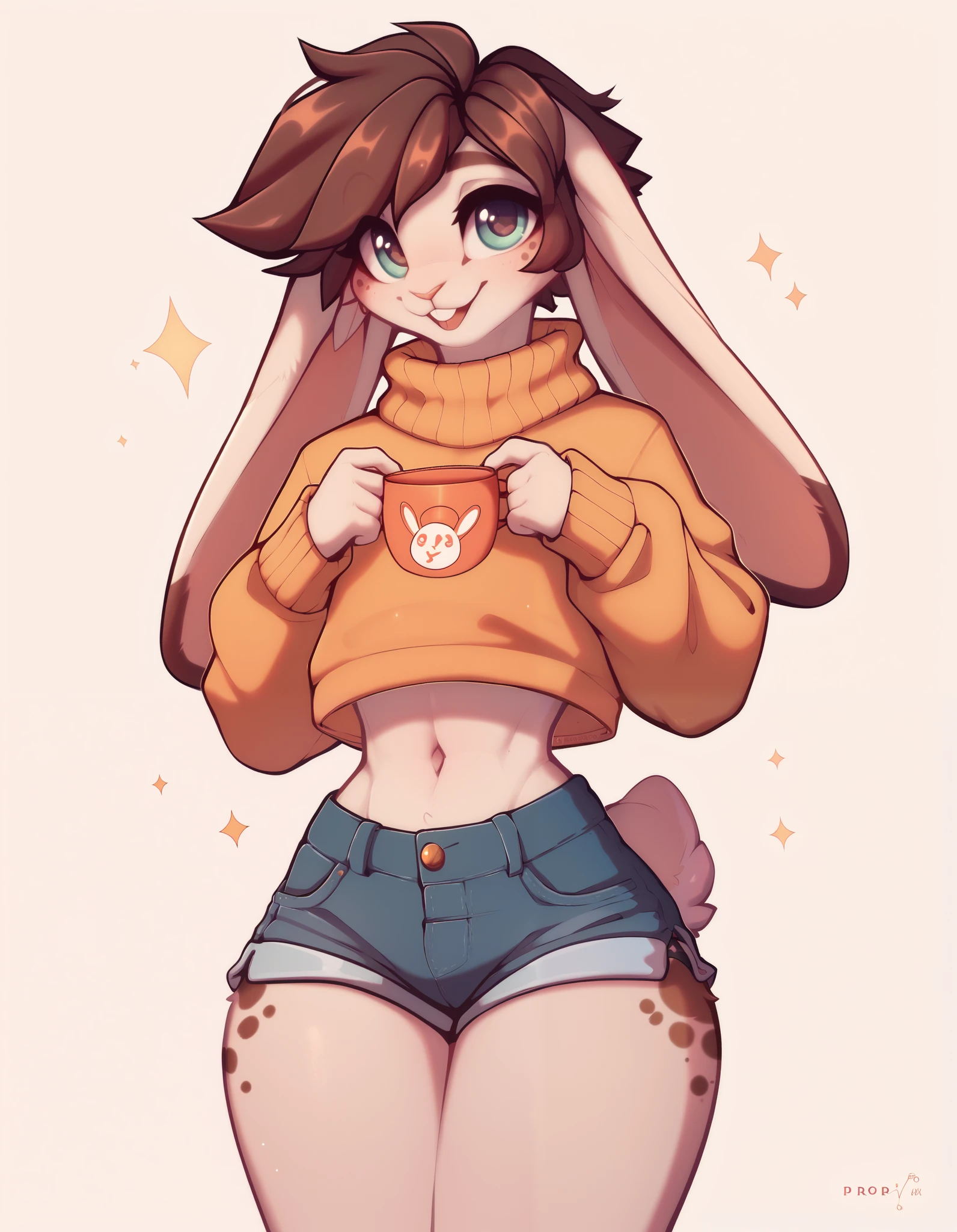 PDV6XL,, score_9,score_8_up, score_7_up, Best quality , Very detailed illustration, (Anthropomorphic furry rabbit boy:1,7) , tousled voluminous hair, Playful look, Slim, ideal body, thin waist, wide hips, Simple drawing, Artifyber style, pastel flat colors, Cute, cartoon, sweater, short shorts