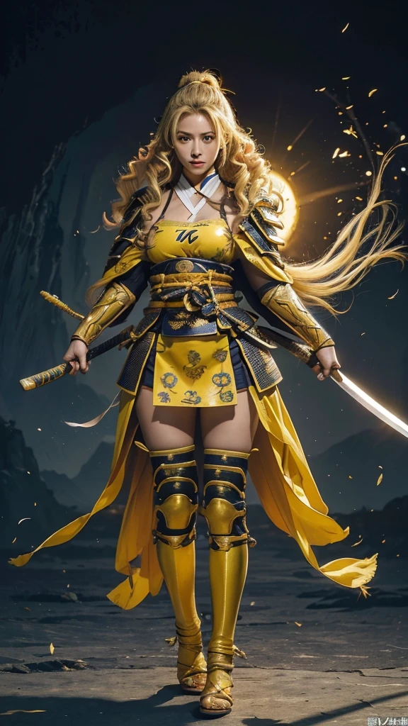  sexy female character wearing bright yellow armor as a warrior from the Sengoku period 、((ringlets hair))、((Honey blonde hair))、((toned body))、(glistening skin)、 Tight Body 、((mega breasts 1.8))、 plump breasts 、 plump thighs 、 Bright yellow armor engraved with a Yamabuki flower pattern is bikini type and is designed to accentuate chest exposure、(  wearing a Yamabuki flower patterned cape )、cocoon silhouette skirt、 bright yellow shin guard with a Yamabuki flower engraved on it 、Bright yellow high-leg underwear 、bright yellowのタイツ、 absolute domain、(from front, full body, look at viewer)、(acrobatic angle)、 holding a sword、Dramatic lighting、Rising Sun at Mountain Peak、Big Asahi 、(( Large Yamabuki flowers blooming in full bloom on the front ))、(( Sexy female character wearing yamabuki colored armor as a warrior from the Sengoku period ))、 cinema-like scene 、Background Japanese kerria 、 Max Image、 Ultra High Definition、8k