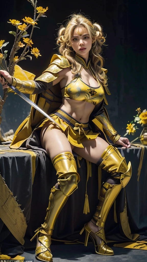  sexy female character wearing bright yellow armor as a warrior from the Sengoku period 、((ringlets hair))、((Honey blonde hair))、((toned body))、(glistening skin)、 Tight Body 、((mega breasts 1.8))、 plump breasts 、 plump thighs 、 Bright yellow armor engraved with a Yamabuki flower pattern is bikini type and is designed to accentuate chest exposure、(  wearing a Yamabuki flower patterned cape )、cocoon silhouette skirt、 bright yellow shin guard with a Yamabuki flower engraved on it 、Bright yellow high-leg underwear 、bright yellowのタイツ、 absolute domain、(from front, full body, look at viewer)、(acrobatic angle)、 holding a sword、Dramatic lighting、Rising Sun at Mountain Peak、Big Asahi 、(( Large Yamabuki flowers blooming in full bloom on the front ))、(( Sexy female character wearing yamabuki colored armor as a warrior from the Sengoku period ))、 cinema-like scene 、Background Japanese kerria 、 Max Image、 Ultra High Definition、8k