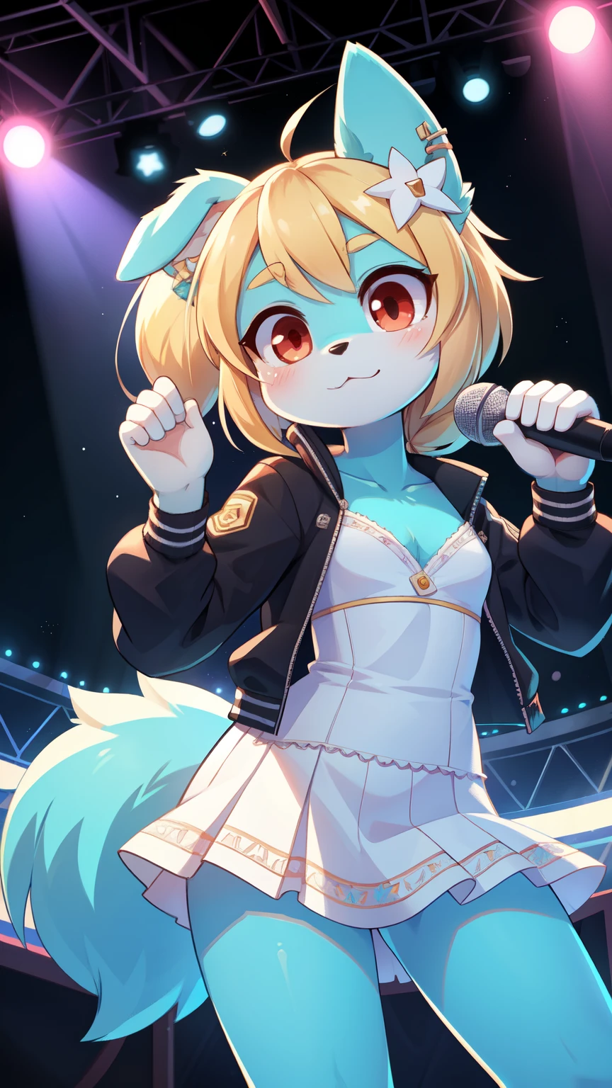 Furry girl, dog, cute hair, long ponytail, blonde hair, stars hairpin, red eyes, small breasts, detailed body fur, ((small pink jacket, open clothes, white frilly bikini, white frilly swim mini skirt)), masterpiece, looking at you, two tone body fur, turquoise body fur, clear turquoise body fur, detailed face, big eyebrows, detailed eyes, detailed body, concert stage, detailed hands, glistering body, shiny body, skinny, :3, open mouth, floppy dog ears, holding a microphone, pointing at you, detailed hands, Idol, (winking, one eye closed), dynamic angle, idol stance, sparkle effect, particles,