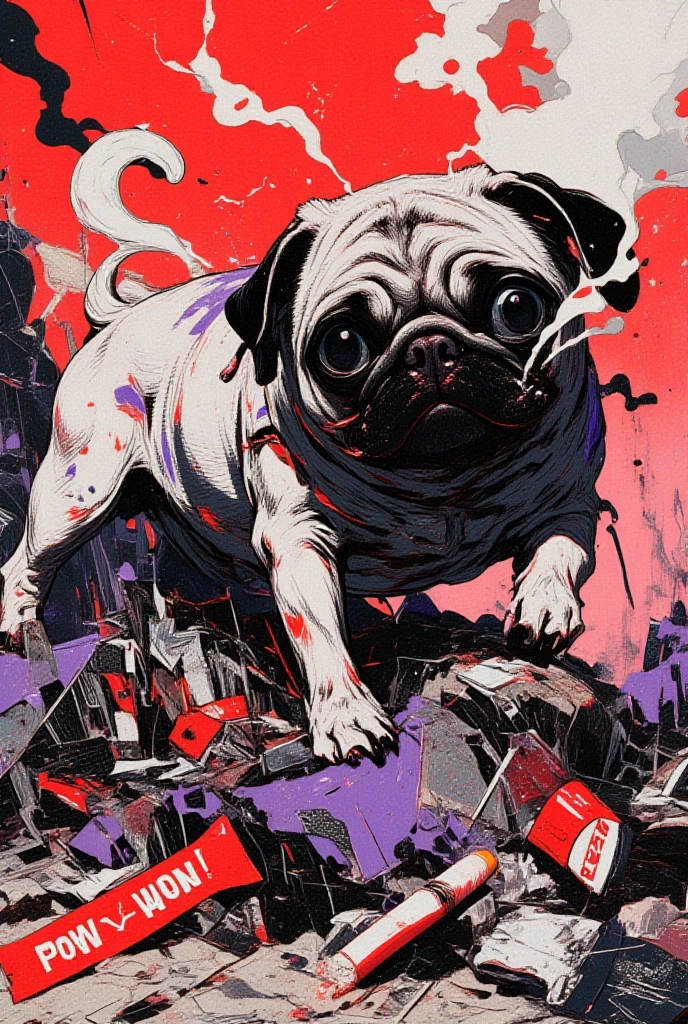   The pug with the face of lovepog says「POW WOW」,Black,White,red,Surreal collage,a contemporary artistic collage,collage artwork, New Album Cover , Great Job !! ,digital collage、(collage ),collage art,contemporary collage,mixed media collage, Surreal +      is high definition , Surreal style, convertible、    Call it the Inner World of the Autism Spectrum, see here ,bone,cigarette,Lock, Dog Food ,pop collage,pop art