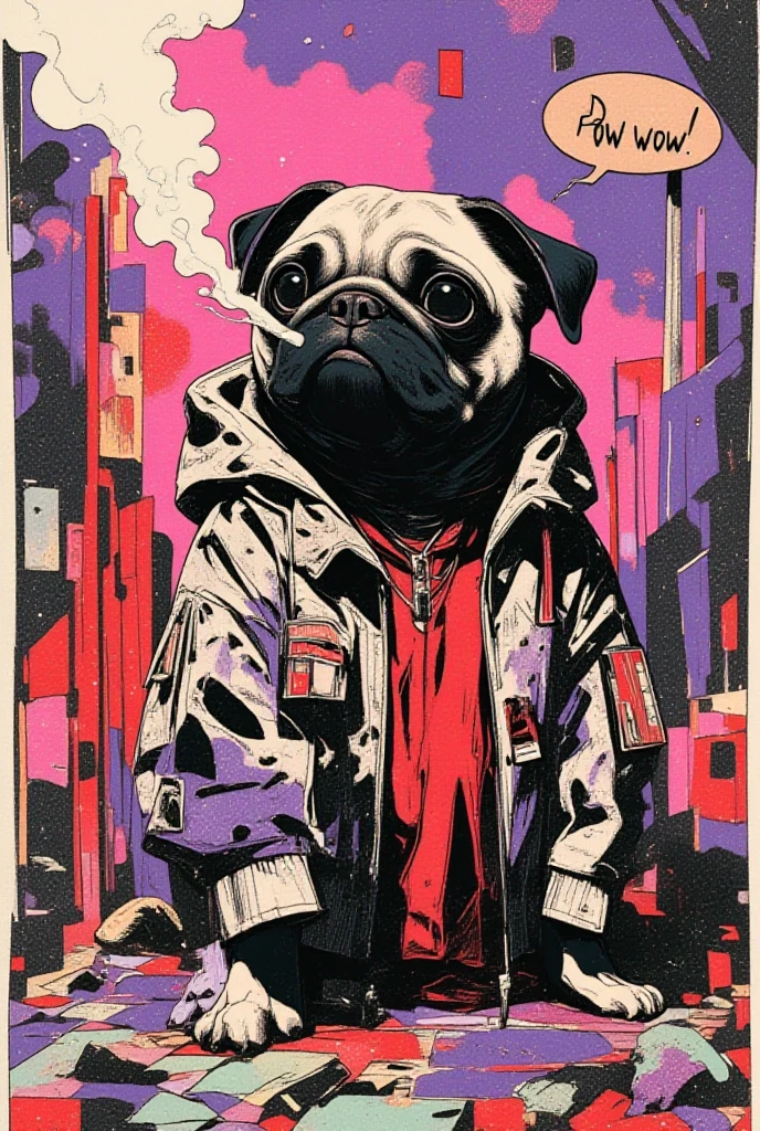   The pug with the face of lovepog says「POW WOW」,Black,White,red,Surreal collage,a contemporary artistic collage,collage artwork, New Album Cover , Great Job !! ,digital collage、(collage ),collage art,contemporary collage,mixed media collage, Surreal +      is high definition , Surreal style, convertible、    Call it the Inner World of the Autism Spectrum, see here ,bone,cigarette,Lock, Dog Food ,pop collage,pop art