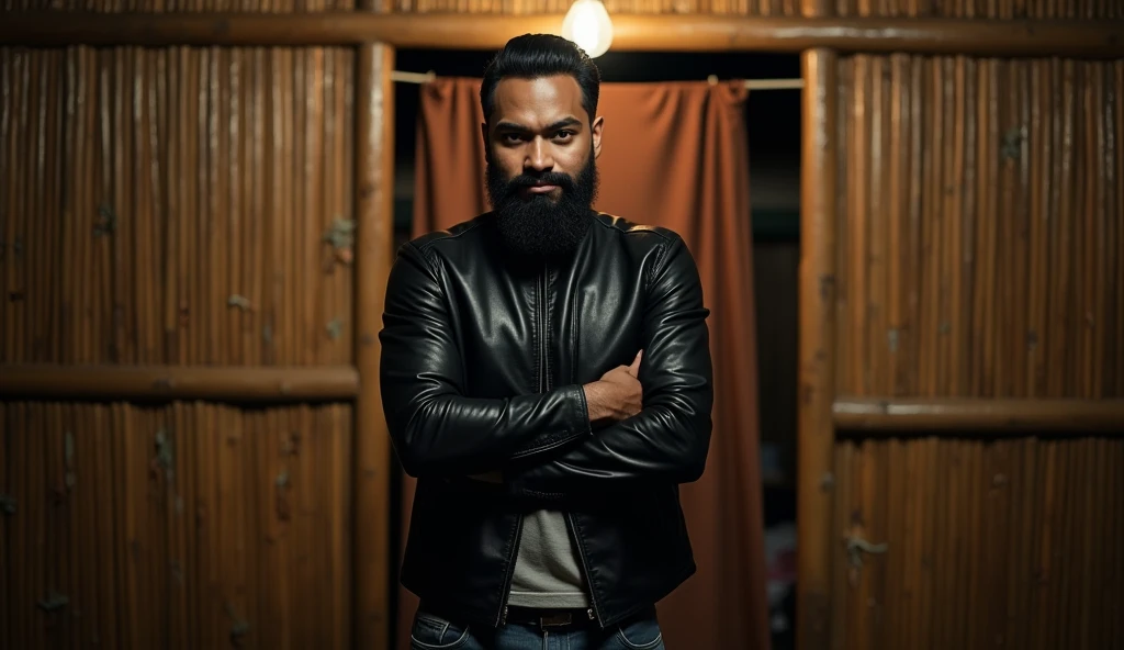 ((ultra-realistic photo)) [A 30-year-old Indonesian man with a sharp gaze and a neatly groomed black beard stands confidently in front of a simple room door. He wears a black leather jacket and faded jeans, his expression showing anger mixed with a playful smirk. His arms are crossed firmly, emphasizing his assertive stance and flirty gesture. The door behind him is modest, adorned with a simple curtain that adds to the rustic setting. The bamboo walls of the house reflect the humble and traditional atmosphere. The scene is dimly lit, with the faint glow of a single bulb casting soft shadows, creating a dramatic contrast between the man's dark clothing and the muted surroundings. The shot is captured in a medium-close angle, rendered in ((8K HDR)), focusing on the man's intense expression, the textures of his leather jacket, and the intricate patterns of the bamboo walls and curtain, with the lighting adding depth and tension to the composition.]