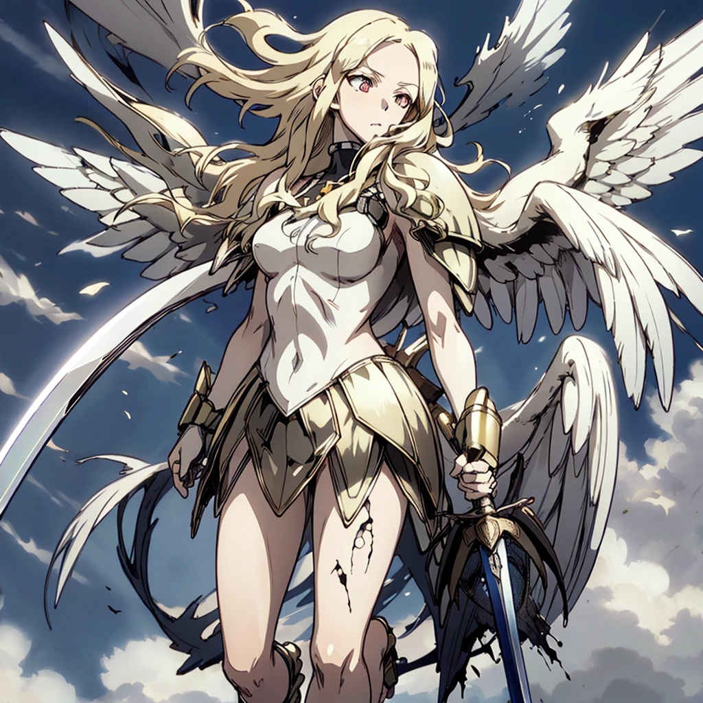    top quality,    golden eyes , Front View , Big white wings，giant sword    ,     Spread your wings and float in the air  ,barefoot   ,         cold eyes,Dust dances       ,Solemn,Lonely, solo, detail, Damaged Equipment 