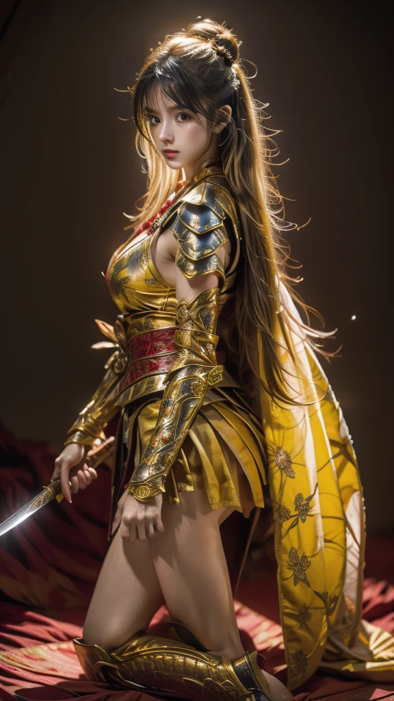  sexy female character wearing bright yellow armor as a warrior from the Sengoku period 、((ringlets hair))、((Honey blonde hair))、((toned body))、(glistening skin)、 Tight Body 、((mega breasts 1.8))、 plump breasts 、 plump thighs 、 Bright yellow armor engraved with a Yamabuki flower pattern is bikini type and is designed to accentuate chest exposure、(  wearing a Yamabuki flower patterned cape )、cocoon silhouette skirt、 bright yellow shin guard with a Yamabuki flower engraved on it 、Bright yellow high-leg underwear 、bright yellowのタイツ、 absolute domain、(from side, portrait, looking away)、(acrobatic angle)、 holding a sword、Dramatic lighting、Rising Sun at Mountain Peak、Big Asahi 、(( Large Yamabuki flowers blooming in full bloom on the front ))、(( Sexy female character wearing yamabuki colored armor as a warrior from the Sengoku period ))、 cinema-like scene 、Background Japanese kerria 、 Max Image、 Ultra High Definition、8k