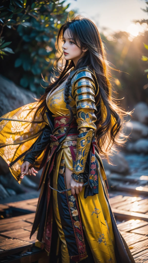  sexy female character wearing bright yellow armor as a warrior from the Sengoku period 、((ringlets hair))、((Honey blonde hair))、((toned body))、(glistening skin)、 Tight Body 、((mega breasts 1.8))、 plump breasts 、 plump thighs 、 Bright yellow armor engraved with a Yamabuki flower pattern is bikini type and is designed to accentuate chest exposure、(  wearing a Yamabuki flower patterned cape )、cocoon silhouette skirt、 bright yellow shin guard with a Yamabuki flower engraved on it 、Bright yellow high-leg underwear 、bright yellowのタイツ、 absolute domain、(from side, portrait, looking away)、(acrobatic angle)、 holding a sword、Dramatic lighting、Rising Sun at Mountain Peak、Big Asahi 、(( Large Yamabuki flowers blooming in full bloom on the front ))、(( Sexy female character wearing yamabuki colored armor as a warrior from the Sengoku period ))、 cinema-like scene 、Background Japanese kerria 、 Max Image、 Ultra High Definition、8k