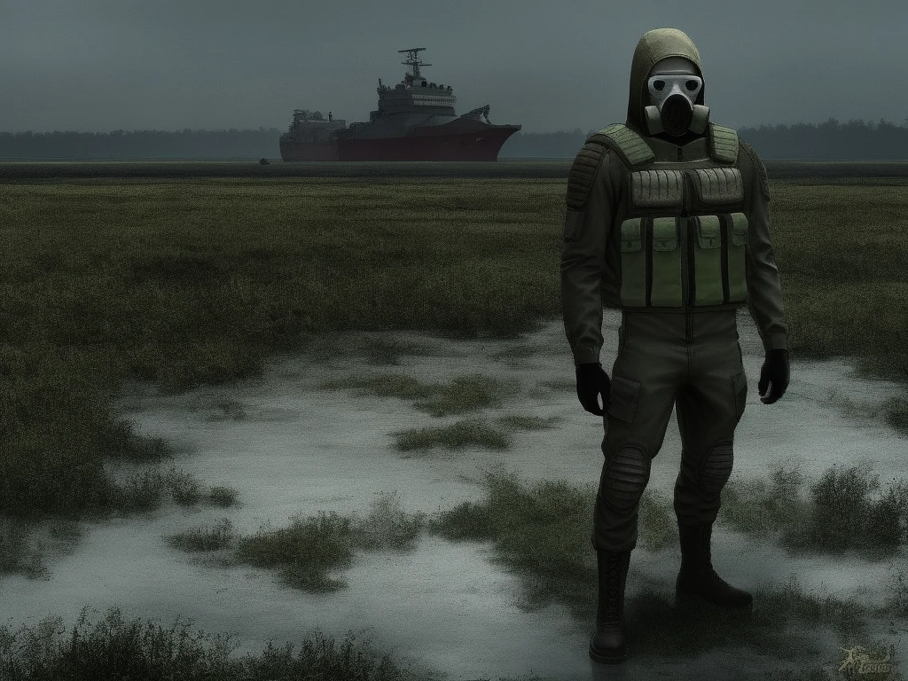 1solo, one, gas mask whith vizor, Mercenary jumpsuit, mask,  man, sunrise suit, military , clothing , chest rig , hood, squting, boots, Behind is a swamp icebreaker (ship) on land, steppe, drained swamp