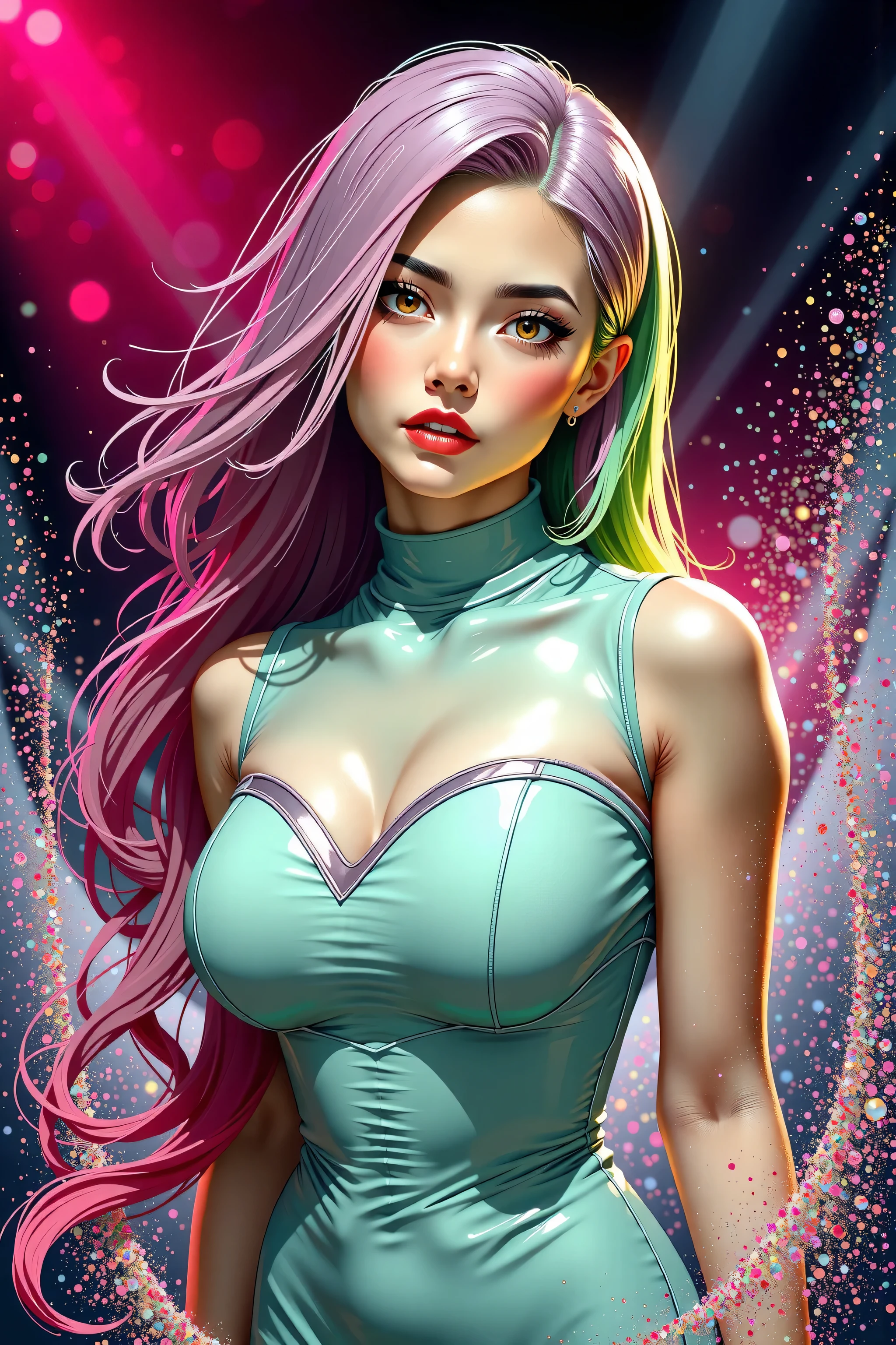 Japanese girl, (anime), manga, sexy, One Full Growth in Latex, sparkles, Pink Green Hair, posing, ((Glitter Dust)), dynamic shadows, masterpiece, bright colors, Shimmers, clear details, beautiful appearance, masterpiece, best quality, perfect anatomy, very aesthetic, official art, 8k, horny, sexual gaze, huge breasts, edgy graphic design, sexy pose, straight on,
