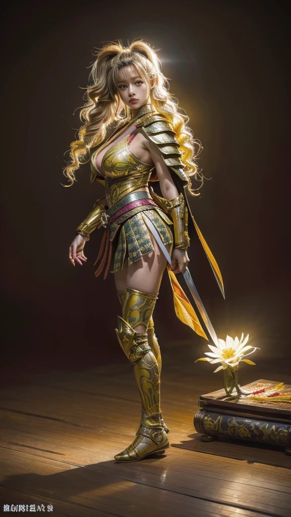  sexy female character wearing bright yellow armor as a warrior from the Sengoku period 、((ringlets hair))、((Honey blonde hair))、((toned body))、(glistening skin)、 Tight Body 、((mega breasts 1.8))、 plump breasts 、 plump thighs 、 Bright yellow armor engraved with a Yamabuki flower pattern is bikini type and is designed to accentuate chest exposure、(  wearing a Yamabuki flower patterned cape )、cocoon silhouette skirt、 bright yellow shin guard with a Yamabuki flower engraved on it 、Bright yellow high-leg underwear 、bright yellowのタイツ、 absolute domain、(from side, portrait, looking away)、(acrobatic angle)、 holding a sword、Dramatic lighting、Rising Sun at Mountain Peak、Big Asahi 、(( Large Yamabuki flowers blooming in full bloom on the front ))、(( Sexy female character wearing yamabuki colored armor as a warrior from the Sengoku period ))、 cinema-like scene 、Background Japanese kerria 、 Max Image、 Ultra High Definition、8k