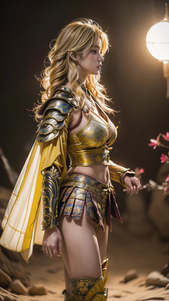  sexy female character wearing bright yellow armor as a warrior from the Sengoku period 、((ringlets hair))、((Honey blonde hair))、((toned body))、(glistening skin)、 Tight Body 、((mega breasts 1.8))、 plump breasts 、 plump thighs 、 Bright yellow armor engraved with a Yamabuki flower pattern is bikini type and is designed to accentuate chest exposure、(  wearing a Yamabuki flower patterned cape )、cocoon silhouette skirt、 bright yellow shin guard with a Yamabuki flower engraved on it 、Bright yellow high-leg underwear 、bright yellowのタイツ、 absolute domain、(from side, portrait, looking away)、(acrobatic angle)、 holding a sword、Dramatic lighting、Rising Sun at Mountain Peak、Big Asahi 、(( Large Yamabuki flowers blooming in full bloom on the front ))、(( Sexy female character wearing yamabuki colored armor as a warrior from the Sengoku period ))、 cinema-like scene 、Background Japanese kerria 、 Max Image、 Ultra High Definition、8k