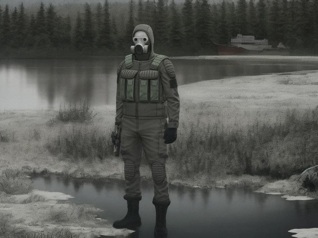 1solo, one, gas mask whith vizor, Mercenary jumpsuit, mask,  man, sunrise suit, military , clothing , chest rig , hood, squting, boots, Behind is a swamp icebreaker (ship) on land, steppe, drained swamp, Ноги вне кадра, 