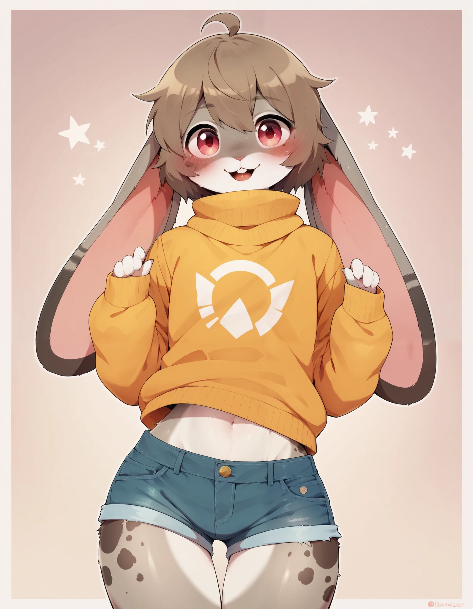 dagasi_style, score_9,score_8_up, score_7_up, Best quality , Very detailed illustration, (Anthropomorphic furry rabbit boy:1,7) , tousled voluminous hair, Playful look, Slim, ideal body, thin waist, wide hips, Simple drawing, Artifyber style, pastel flat colors, Cute, cartoon, sweater, short shorts