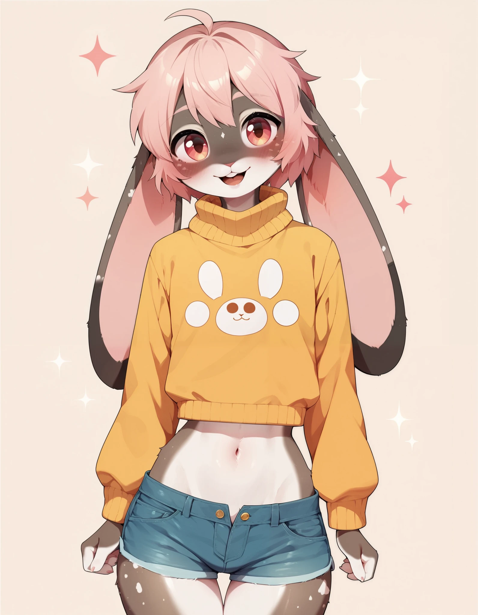 dagasi_style, score_9,score_8_up, score_7_up, Best quality , Very detailed illustration, (Anthropomorphic furry rabbit boy:1,7) , tousled voluminous hair, Playful look, Slim, ideal body, thin waist, wide hips, Simple drawing, Artifyber style, pastel flat colors, Cute, cartoon, sweater, short shorts