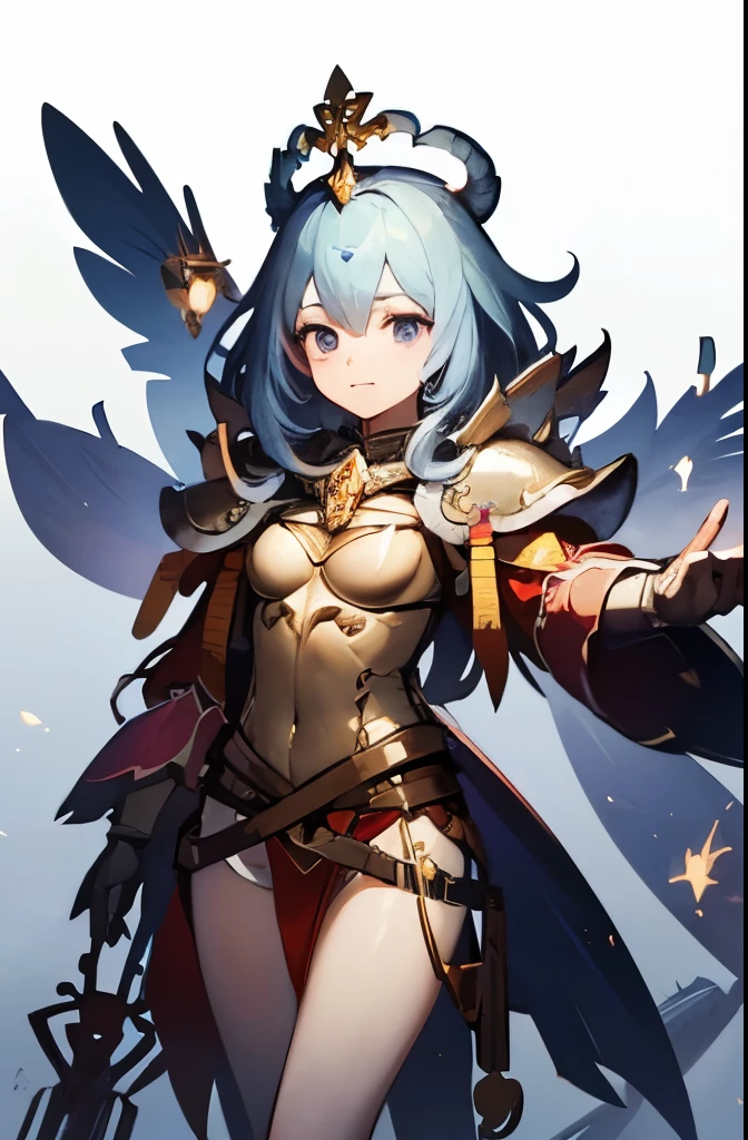  top quality, anime style。(((Front view。 long hair on background。 Plate Armor ))) ((A female angel knight about 20 years old、 is cool( E cup breasts) drawn based on Robin 。 pose is upright 。 push the sword to the ground。I have 2 arms 。 I have 5 fingers Never use 6 or 4 arms 。Knight Armor。Angel wings growing。)woman。Green Glowing Eyes。 hair is light blue with a slight hint of light blue and purple。髪は long hair on backgroundで腰まである。 looking at the camera 。)体のラインを強調するKnight Armor。 add an armor plate that emphasizes the chest。 Halo is small and double thin。The light comes from the front 。 Many swords stick into the ground in the background 。 red cape on the shoulder 。Ears are normal humans 。