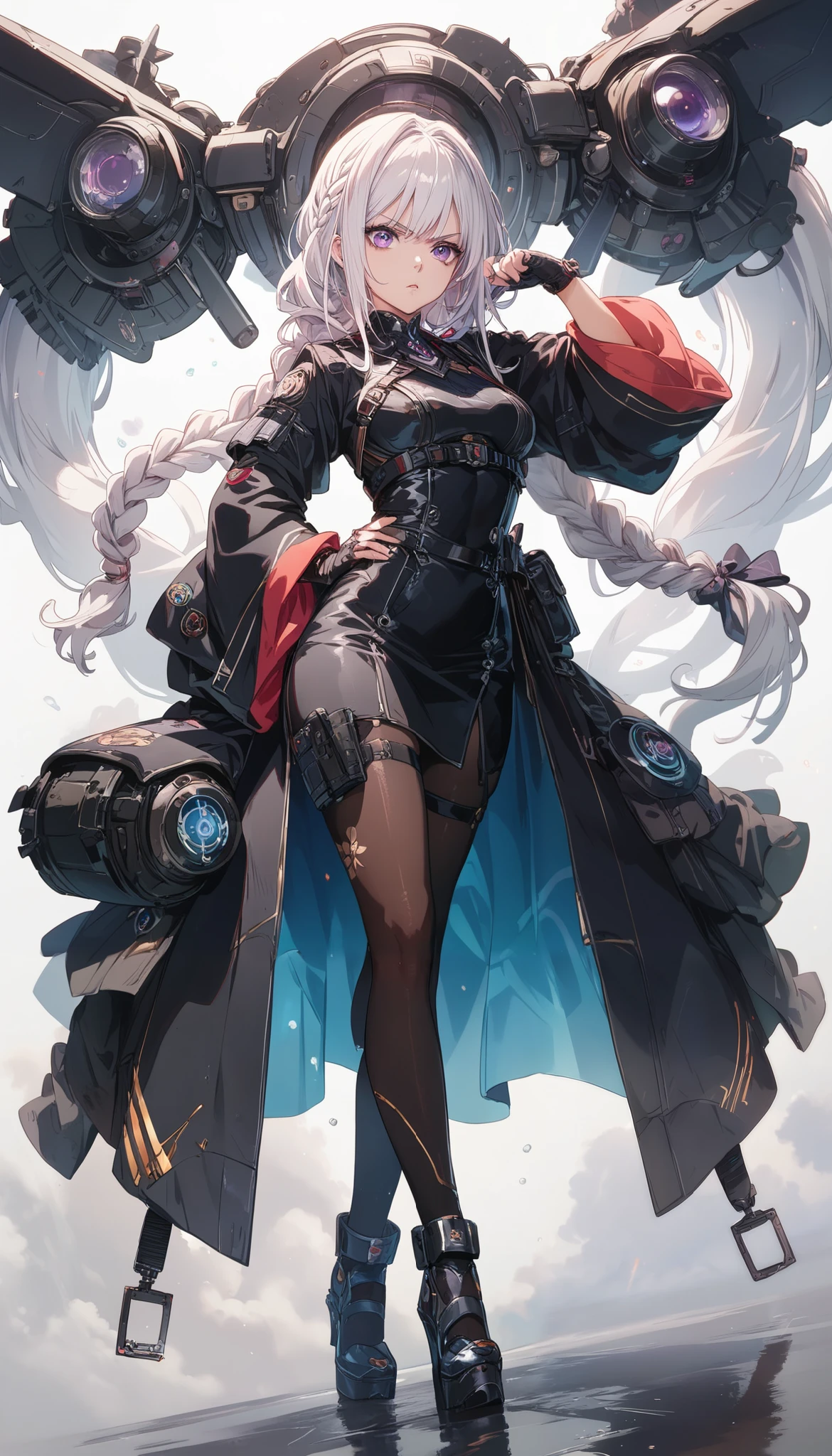 full body A serious anime girl with long, braided white hair and intense violet eyes, dressed in a dark silver and black suit with sharp, angular armor plating. She’s standing with one hand on her hip, her other hand resting on a futuristic weapon holstered at her side. White background. straight to camera pose. looking straight into camera.