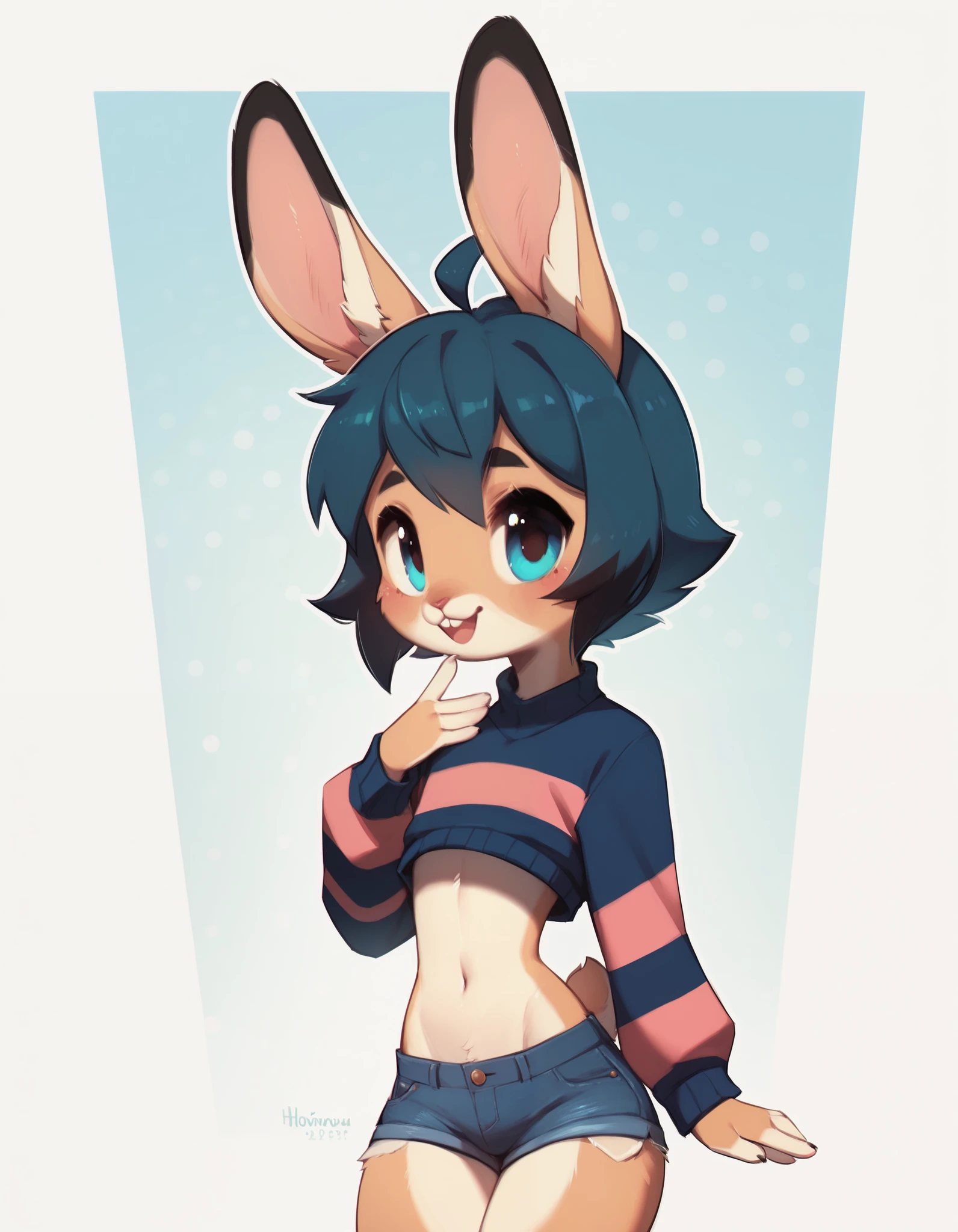 4RCH0N, score_9,score_8_up, score_7_up, Best quality , Very detailed illustration, (Anthropomorphic furry rabbit boy:1,7) , tousled voluminous hair, Playful look, Slim, ideal body, thin waist, wide hips, Simple drawing, Artifyber style, pastel flat colors, Cute, cartoon, sweater, short shorts