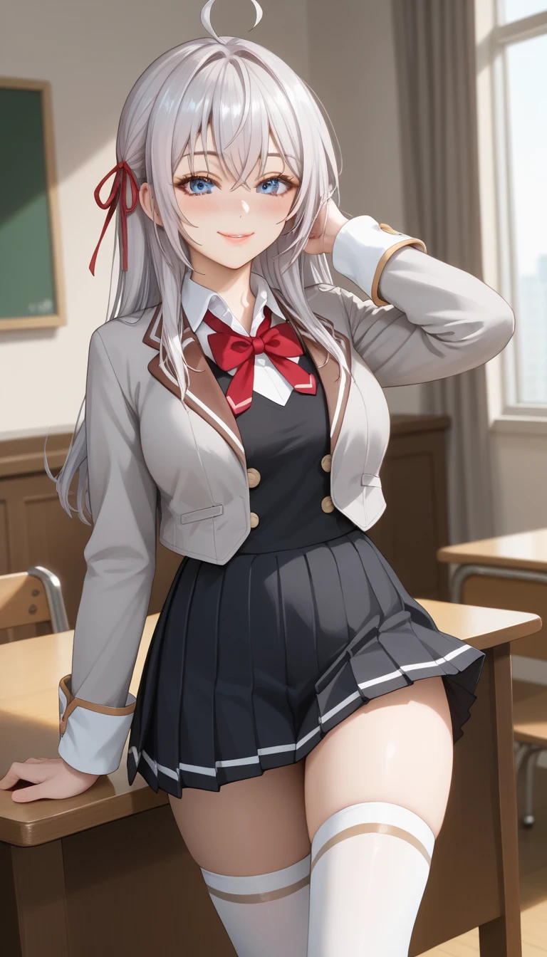 photorealistic, detailed coloring, anime style, detailed high quality, chromatic aberrations, ultra detailed quality skin, detailed ray tracing lighting,, masterpiece、 best quality、masterpiece, high definition , 8K quality, perfect face, alya_fanart,  Alisa Mikhailovna Kujou , long hair, silver hair, ahoge, crossed bangs, red hair ribbon, sidelocks, blue eyes, large breasts, large butt、 slender 、 beautiful face、 Thin Waist、 closed eyes, (smile, nose blush), Glossy lips, red cheek, school uniform, grey jacket, open jacket, long sleeves, red bowtie, white shirt, collared shirt, buttons, black vest, pleated skirt, white thighhighs, black loafers, Model Pose, cowboy shot, sensual expression, dynamic angle, In the school courtyard、