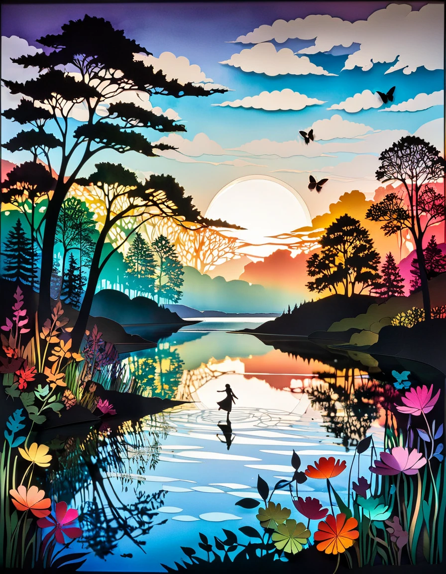 Multi-layered paper cutting, shadow art, silhouette art, mix of paper cutting art and shadow art, everything except the shadows is colored with colored cellophane and Stained Glass. Colorful tones, (A tranquil lake:1.25, calm waters reflecting the sky:1.25, wildflowers blooming along the shore), Gradient sky with wispy clouds, serene atmosphere, picturesque landscape, Dancing Butterfly. rainbow highlights, shadow minimalism, ink art