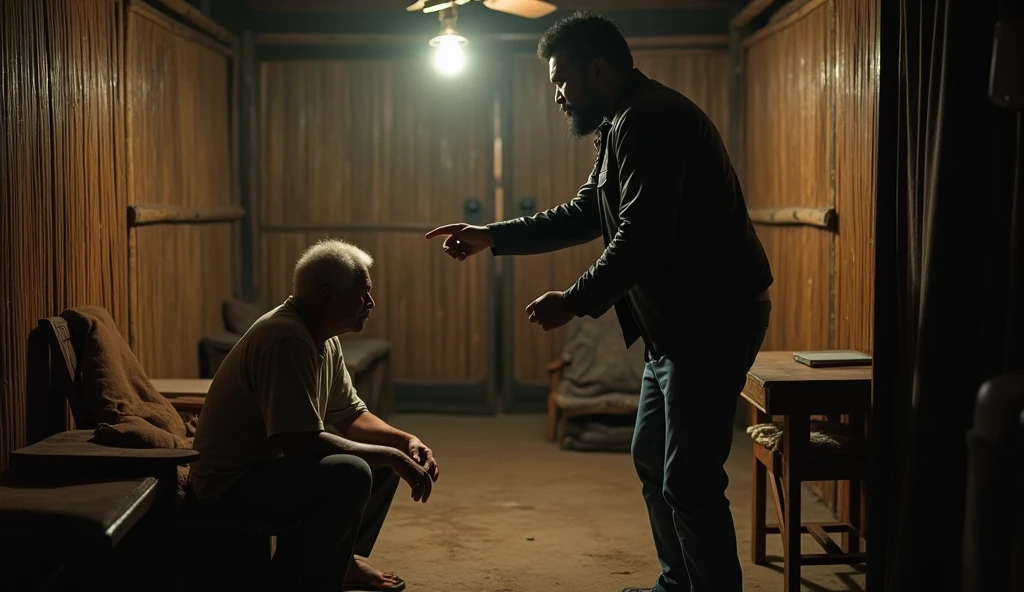 ((ultra-realistic photo)) [A 30-year-old Indonesian man with a black beard stands aggressively in a dimly lit, modest living room. He wears a black leather jacket and jeans, his expression filled with anger as he points an accusatory finger at a 50-year-old Indonesian man. The older man, dressed in shabby clothes, kneels on the floor with his head bowed in submission or regret. The room is simple and poor, with bamboo-woven walls, a small wooden table, and sparse furniture, emphasizing the humble setting. The dim glow of a single bulb casts soft, uneven lighting, creating dramatic shadows that enhance the tension between the two figures. The composition is captured in a medium-wide angle, rendered in ((8K HDR)), focusing on the intense emotions of the scene, the textures of the bamboo walls and wooden furniture, and the contrasting postures of the two men.]