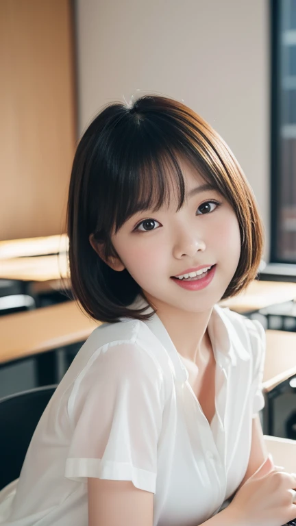 Beautiful girls 、short hair、smile、shy、cute、classroom、clear、20-year-old
