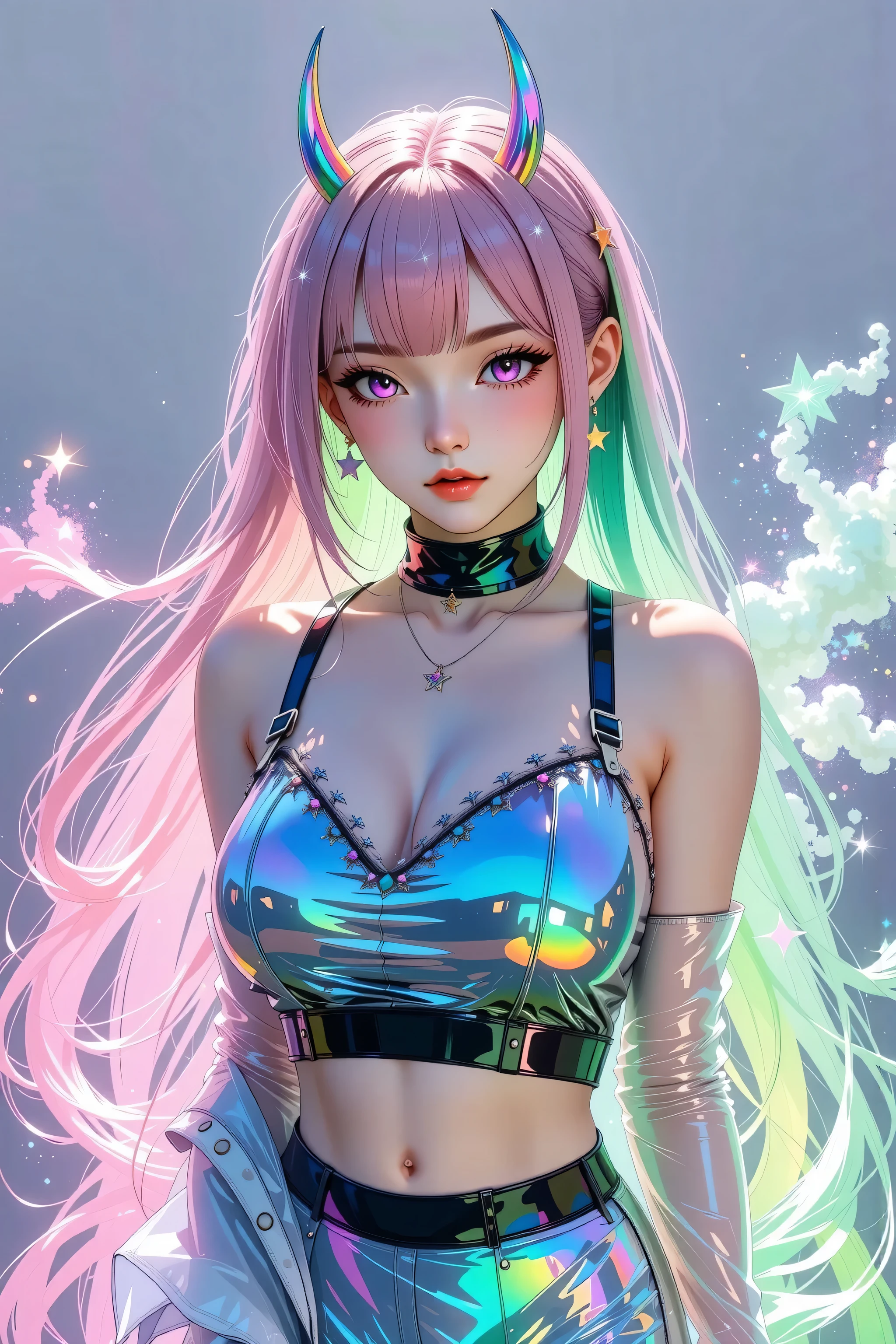 Japanese girl, (anime), manga, sexy, One Full Growth in Latex, sparkles, Pink Green Hair, posing, ((Glitter Dust)), dynamic shadows, masterpiece, bright colors, Shimmers, clear details, beautiful appearance, masterpiece, best quality, perfect anatomy, very aesthetic, official art, 8k, horny, sexual gaze, huge breasts, edgy graphic design, sexy pose, straight on,
