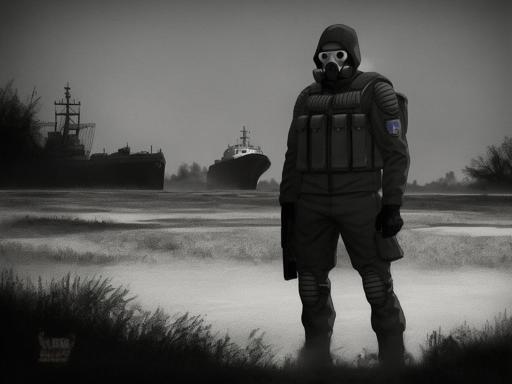 1solo, one, gas mask whith vizor, Mercenary jumpsuit, mask,  man, sunrise suit, military , clothing , chest rig , hood, squting, boots, In his hands is a Kalashnikov assault rifle, Behind is a swamp icebreaker (ship) on land, steppe, drained swamp, Looks into the distance, legs out of frame