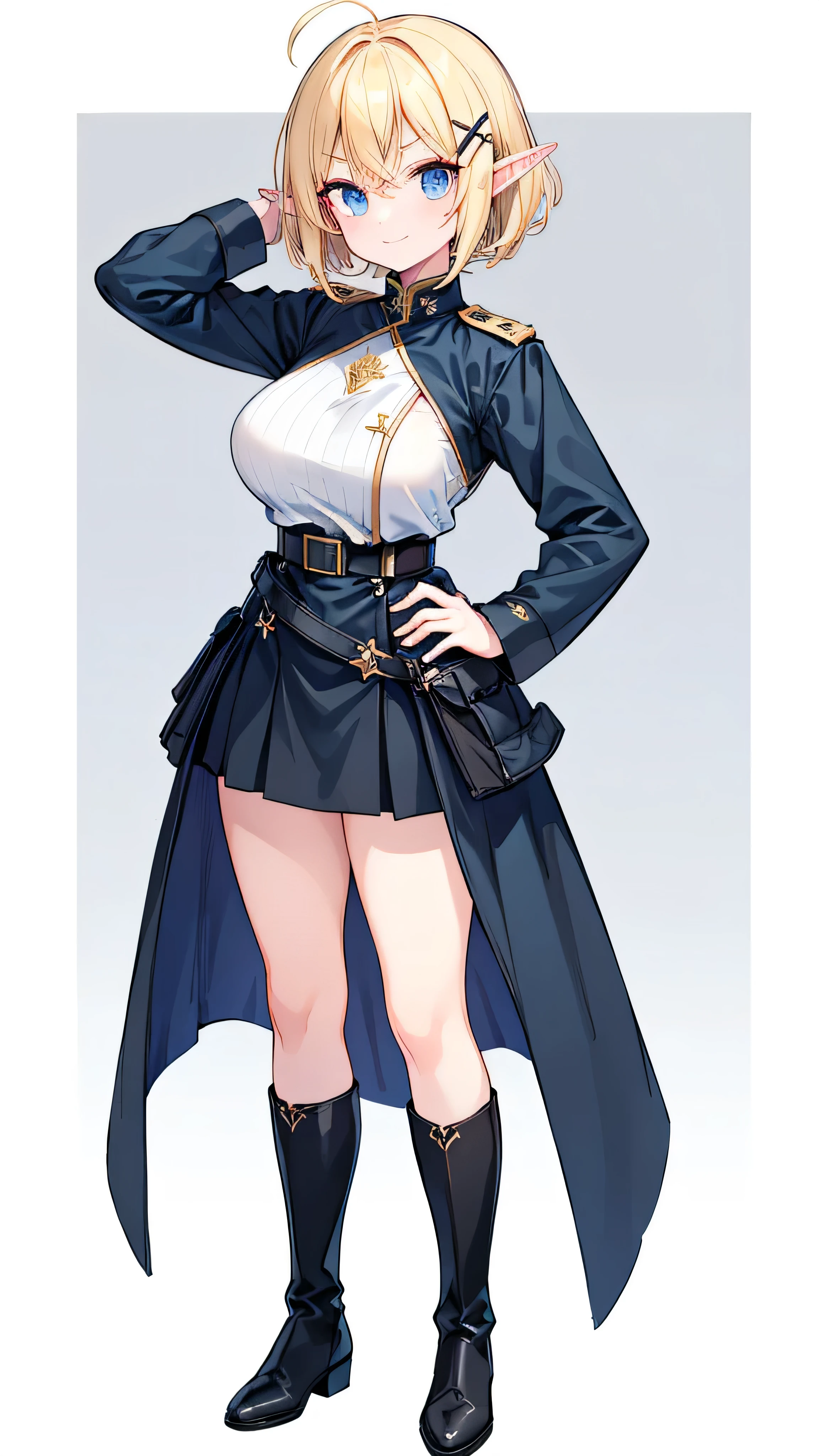 masterpiece,  top quality,((Full body image of a tall elf woman ,Standing straight with chest stretched, full body image )),Crisp, saggy eyes,Perfect dark blue eyes , (( blonde short hair)),Ahoge,((Big Breasts)),(((Dark dark blue long sleeve military uniform with thick hairpins on the bangs in an X shape ))), black knee-high boots ,(thick black thigh high socks),((black long sleeve military uniform with skirt)),((((Solid white background)))),thin arched eyebrows, white skin, looking here,Smiling,  I don't have anything in my hands ,One hand on hip, composition from an oblique side,Gun belt on waist