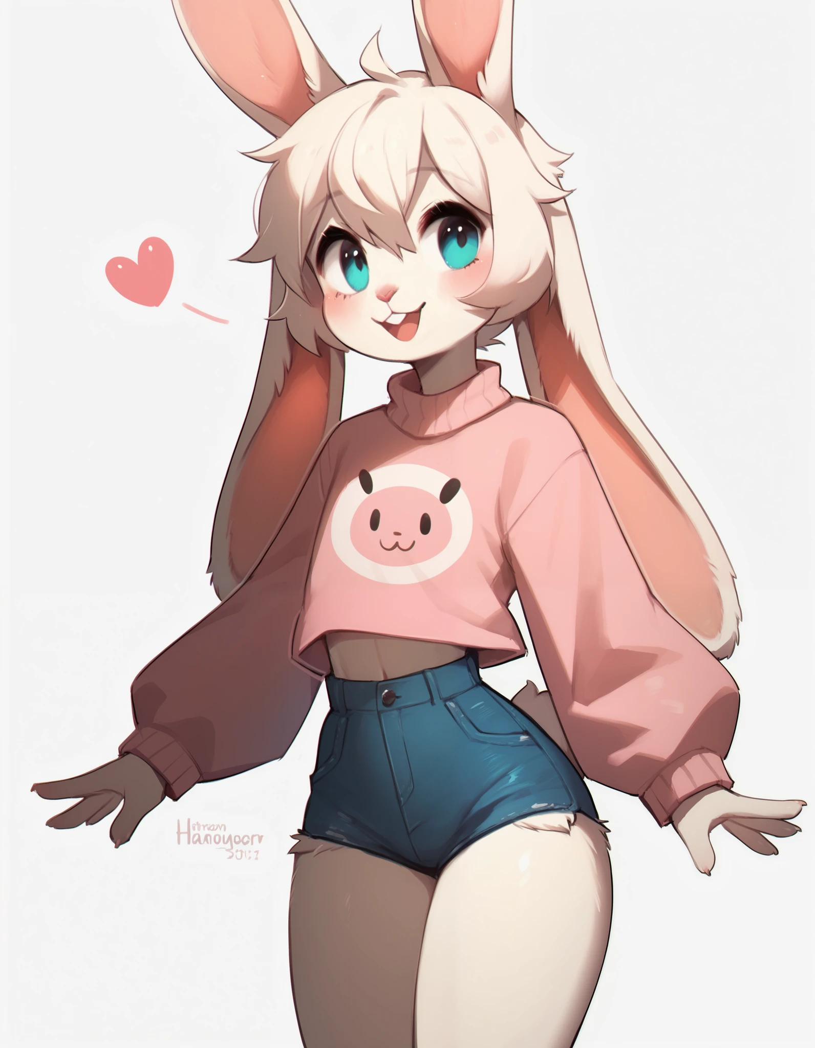 4RCH0N, score_9,score_8_up, score_7_up, Best quality , Very detailed illustration, (Anthropomorphic furry rabbit boy:1,7) , tousled voluminous hair, Playful look, Slim, ideal body, thin waist, wide hips, Simple drawing, Artifyber style, pastel flat colors, Cute, cartoon, sweater, short shorts