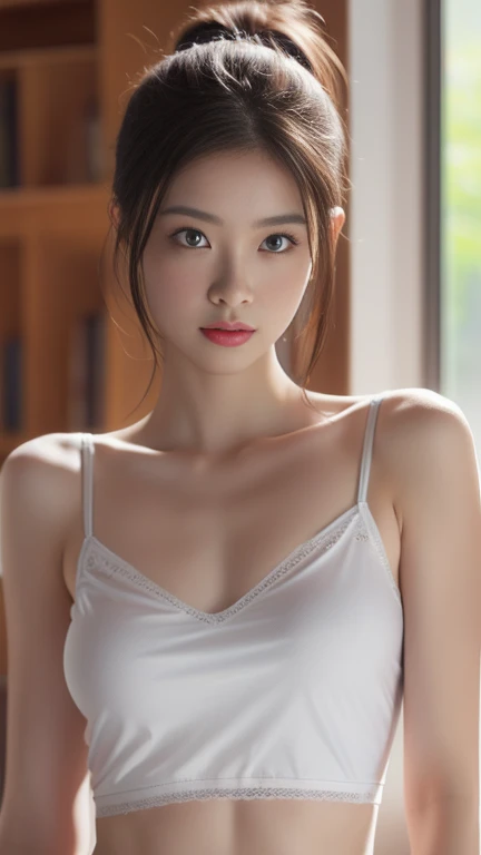 (Photorealistic),(Masterpiece),(ultra-detailed),a very close shot of very pretty tall idol girl but so busy that she had starved for a month so very close to fainting but somehow stays conscious for her fans and has extremely thin which are just bones and thinner than sticks and she is wearing a white loose silk dress,ghostly appearance because of thinness but beautiful