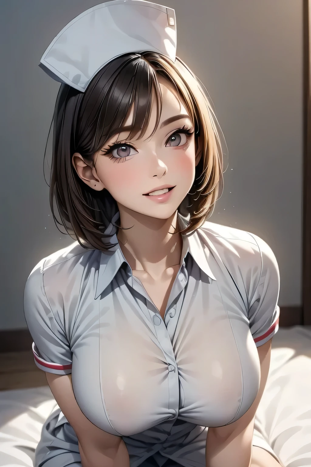 Female Nurse Painting, (masterpiece,  top quality,  super detailed,  realistic ), (Pink skin tone:0.9),  looks up,  eye contact , (1. Beauty),  Supermodel ,  beautiful face,  double eyelids ,  has long eyelashes,  erotic ,  sexual arousal, ( Please open your mouth wide:1.0), Muscular body,  feminine, ((very big, round breasts )), (Thighs), (( nurse hat and low nurse uniform)),  beautiful face, Fuller lips, Slim face, High cheekbones, Muscular, glamorous body, Vulgar