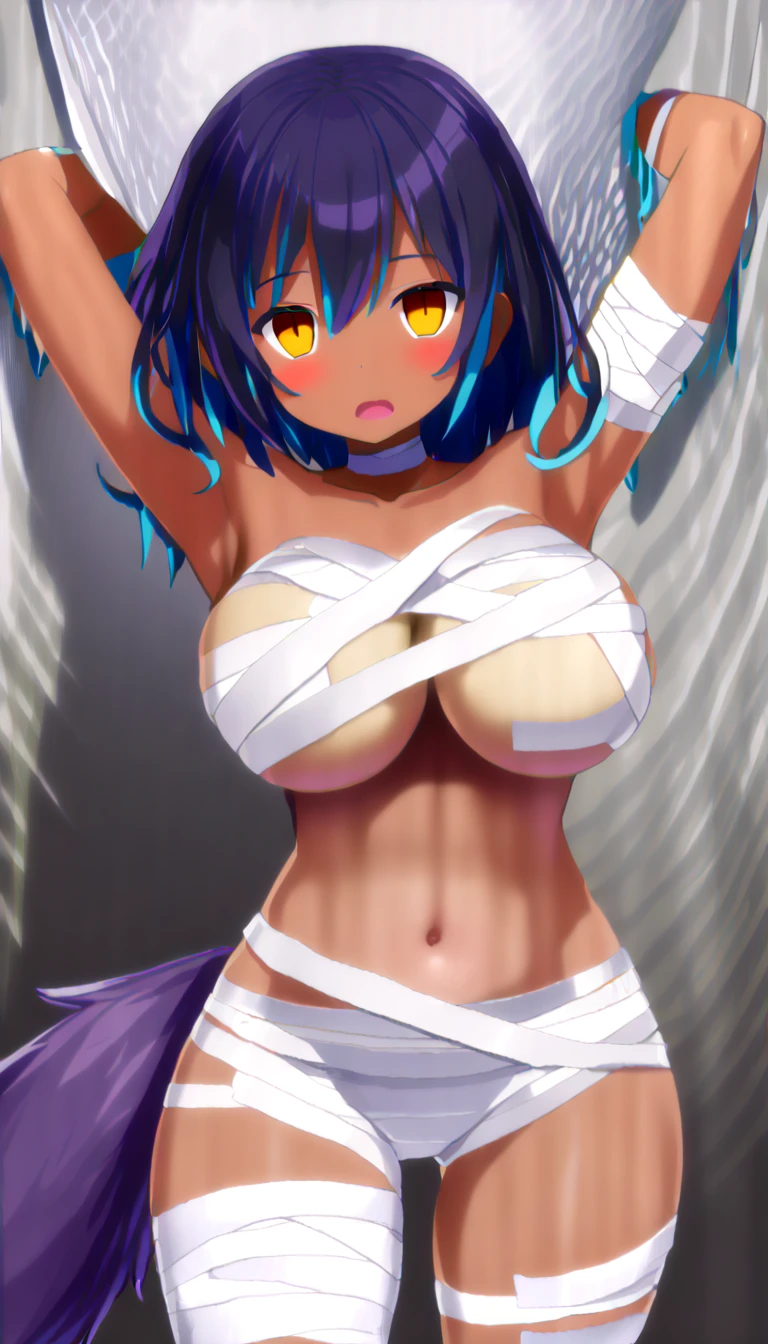Many monsters attack、(((masterpiece, Highest quality:1.3,absurdres))),nsfw,25 year old beauty,solo,((very small head:1.2)),long hair,bangs,dark blue hair,dark blue eyes,gorgeous eyes,Angry expression、medium breasts,((very long body:1.2)),((toned body,slender body)),skinny,(((tan skin:1.2))),gleaming skin,shiny skin,sweat,((naked,nipples,navel,Injury)),White sneakers,Holding a precisely rendered Japanese sword、Fighting stance with a Japanese sword、(Lots of monsters),Collapsed building,Tokyo、at night、