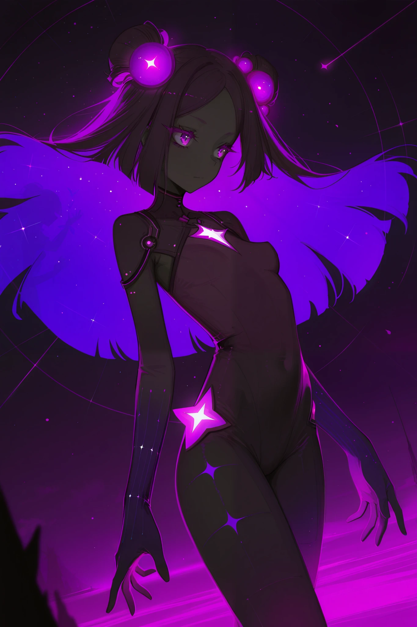 score_9, score_8_up, score_7_up,
ng_deepnegative_v1_75t, negative_hand, OverallDetail, 
ultra-detailed
very awa, masterpiece, highres, absurdres, newest, 
masterpiece, best quality, 1girl, silhouette, solo, small breasts, celestial, black skin with purple, yellow and pink accents, defined eyelashes, yellow and purple and pink color scheme, starry skin, dynamic angle, detailed background detailed background, blurry foreground, floating particles, dim lighting,correct anatomy, perfect, perfect anatomy,