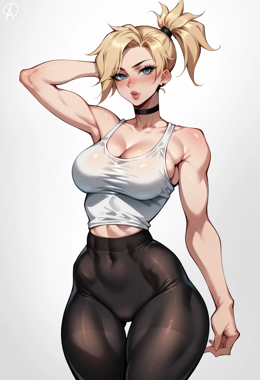 Blonde hair, blue eyes, big breasts, fit body, hourglass figure, wide hips, white tank top, bare modeiff, black leggings, mrcy, short hair, high ponytail, mercy, overwatch