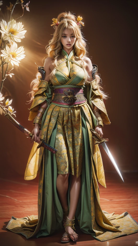  sexy female character wearing bright yellow armor as a warrior from the Sengoku period 、((ringlets hair))、((Honey blonde hair))、((toned body))、(glistening skin)、 Tight Body 、((mega breasts 1.8))、 plump breasts 、 plump thighs 、 Bright yellow armor engraved with a Yamabuki flower pattern is bikini type and is designed to accentuate chest exposure、(  wearing a Yamabuki flower patterned cape )、cocoon silhouette skirt、 bright yellow shin guard with a Yamabuki flower engraved on it 、Bright yellow high-leg underwear 、bright yellowのタイツ、 absolute domain、(from above, upper body, looking down)、(acrobatic angle)、((He wears a sword on his waist))、Dramatic lighting、Rising Sun at Mountain Peak、Big Asahi 、(( Large Yamabuki flowers blooming in full bloom on the front ))、(( Sexy female character wearing yamabuki colored armor as a warrior from the Sengoku period ))、 cinema-like scene 、((Background Japanese kerria)) 、 Max Image、 Ultra High Definition、8k