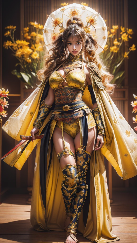  sexy female character wearing bright yellow armor as a warrior from the Sengoku period 、((ringlets hair))、((Honey blonde hair))、((toned body))、(glistening skin)、 Tight Body 、((mega breasts 1.8))、 plump breasts 、 plump thighs 、 Bright yellow armor engraved with a Yamabuki flower pattern is bikini type and is designed to accentuate chest exposure、(  wearing a Yamabuki flower patterned cape )、cocoon silhouette skirt、 bright yellow shin guard with a Yamabuki flower engraved on it 、Bright yellow high-leg underwear 、bright yellowのタイツ、 absolute domain、(from above, upper body, looking down)、(acrobatic angle)、((He wears a sword on his waist))、Dramatic lighting、Rising Sun at Mountain Peak、Big Asahi 、(( Large Yamabuki flowers blooming in full bloom on the front ))、(( Sexy female character wearing yamabuki colored armor as a warrior from the Sengoku period ))、 cinema-like scene 、((Background Japanese kerria)) 、 Max Image、 Ultra High Definition、8k